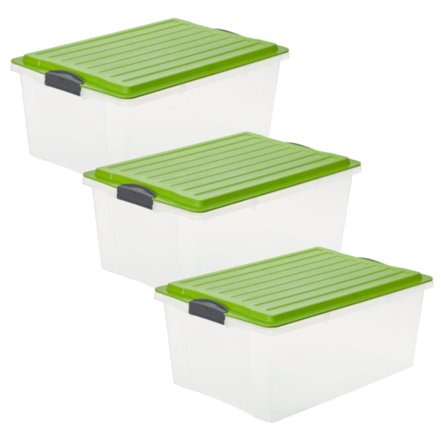 ROTHO Stapelbox Set Stapelboxen 3 x A3 COMPACT, Rotho Compact 3er-Set  Aufbewahrungsbox 38l mit Deckel, Kunststoff (PP) BPA-frei,  transparent/grün, 3 x A3/38l (57.0 x 40.0 x 25.0 cm)