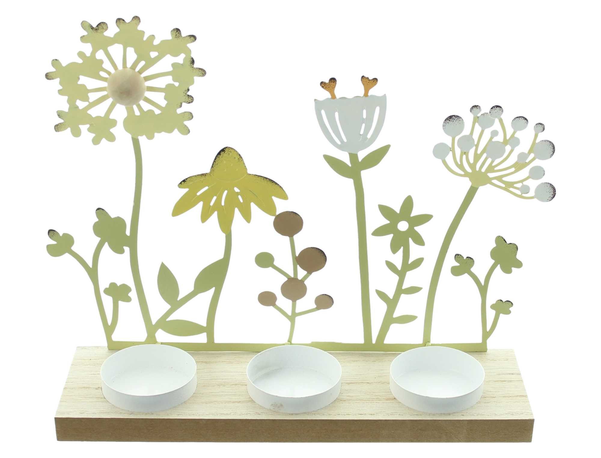 Dekoleidenschaft Teelichthalter "Blumenwiese" aus Metall, Holz Sockel für 3 Teelichter, Kerzenständer, Wohnzimmer & Balkon Deko