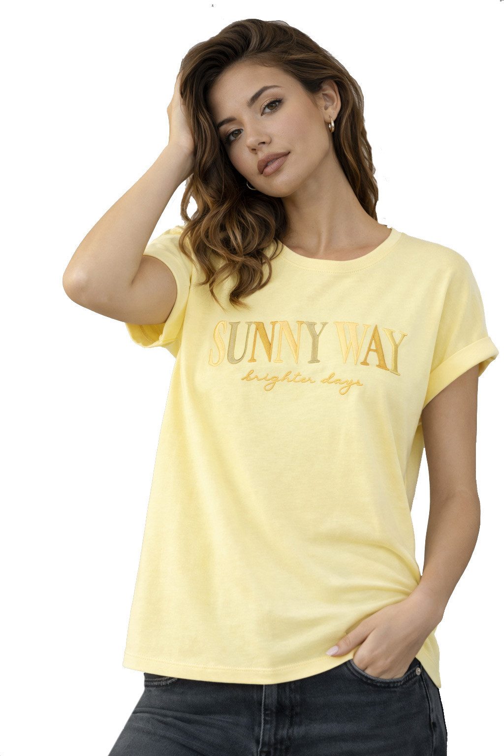 SUBLEVEL T-Shirt Damen Shirt Turn-Up Ärmel Weiches Basic Shirt Rundhals Kurzarm Baunwolle Modal Mix, super soft, unifarben, markenlogo