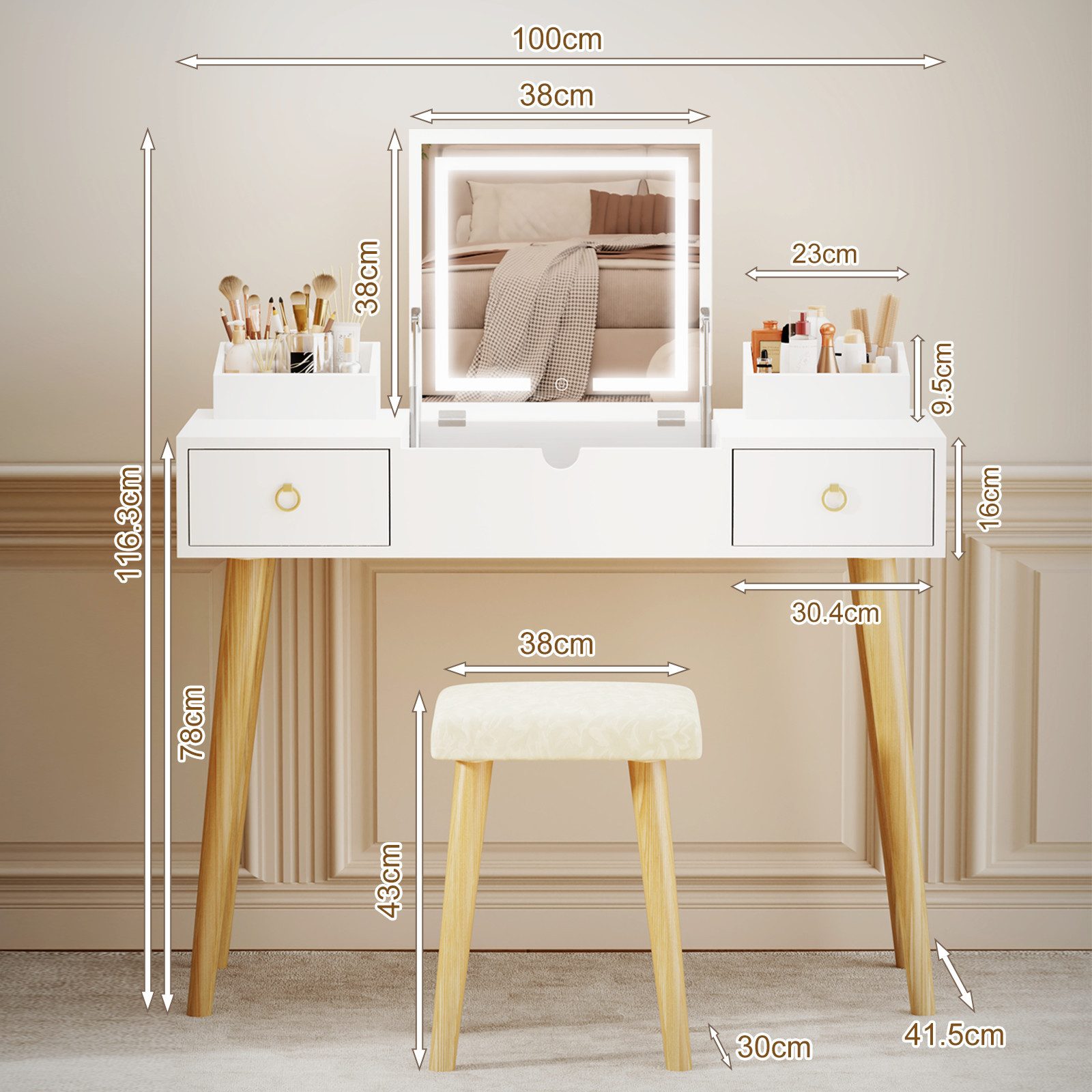 Gywowken Schminktisch 2‑in‑1 mit LED‑Spiegel und Hocker, 100cm, 3‑farbig einstellbares Licht (3‑farbig einstellbares Licht), Breite 100 cm – Bild 2 von 5