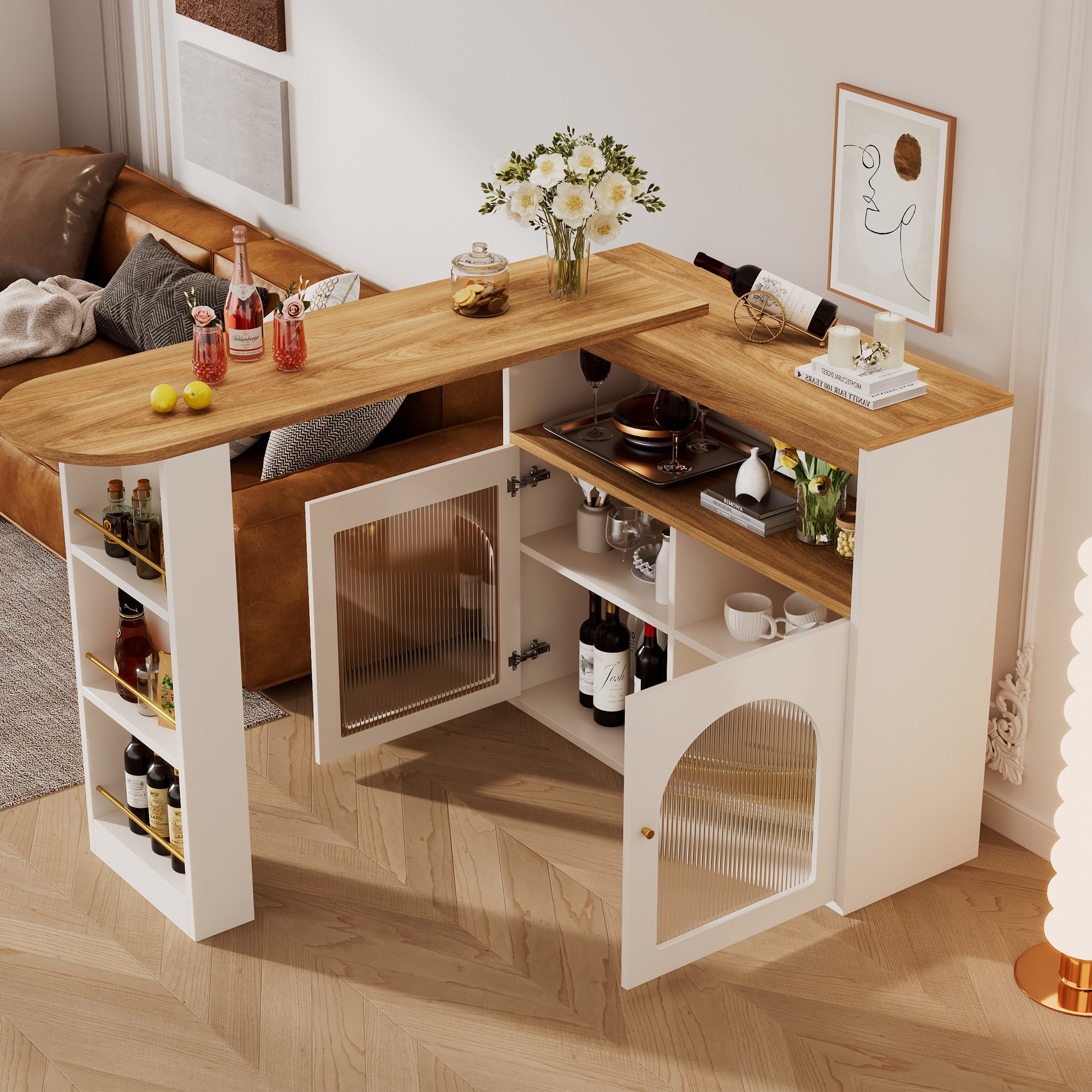 Flieks Bartisch 360° drehbarer Esstisch & Küchenschrank mit LED-Beleuchtung (mit Arbeitsplatte in Holzoptik Natur, 1-St., Tischmaße: 138x39x105 cm, Schrankmaße: 105x39x102 cm), ausziehbar Stehtisch Mehrzweckschrank Sideboard mit Glastüren Weiß