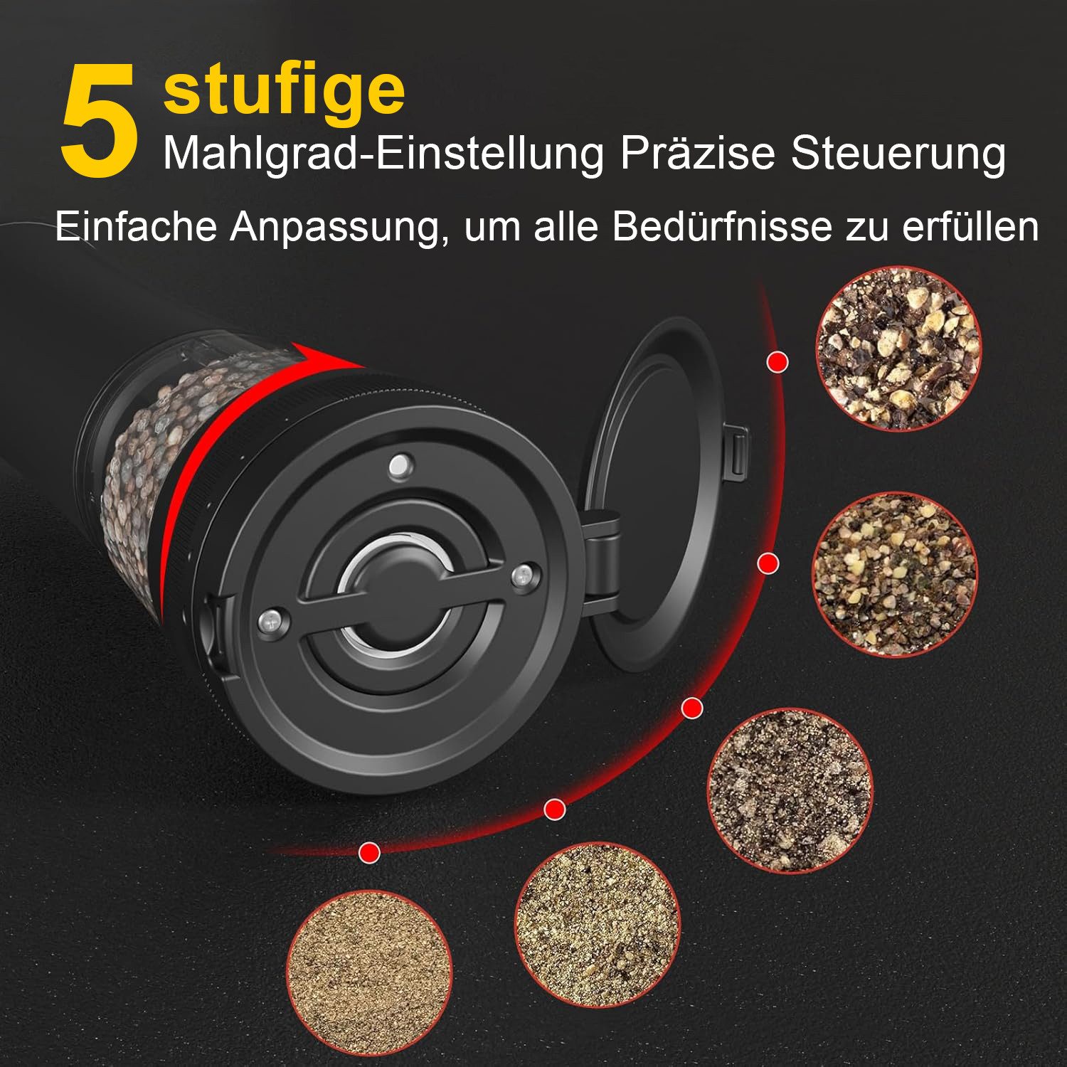 ibettertec Salz-/Pfeffermühle Salz und Pfeffermühle Salzmühle 2er Set Elektrisch USB Aufladbar (Wiederaufladbar, LED Beleuchtung, mit einstellbarem Keramikmahlw – Bild 5 von 5