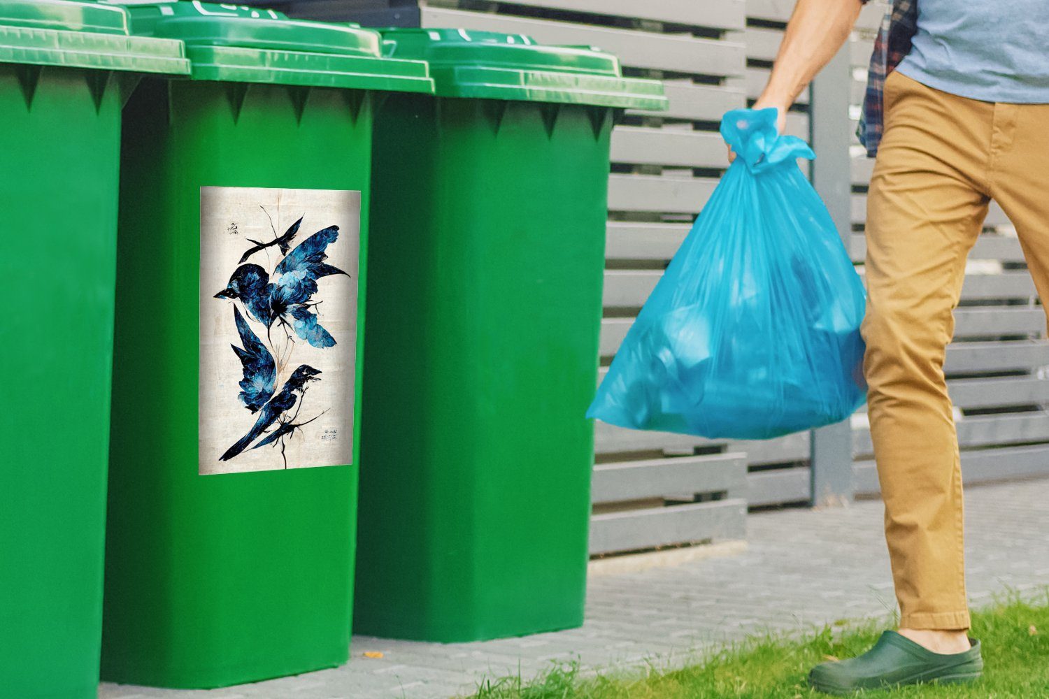MuchoWow Wandsticker Vögel - Abfalbehälter (1 - Tiere - Mülltonne, Sticker, St), Blau Mülleimer-aufkleber, Vintage Container