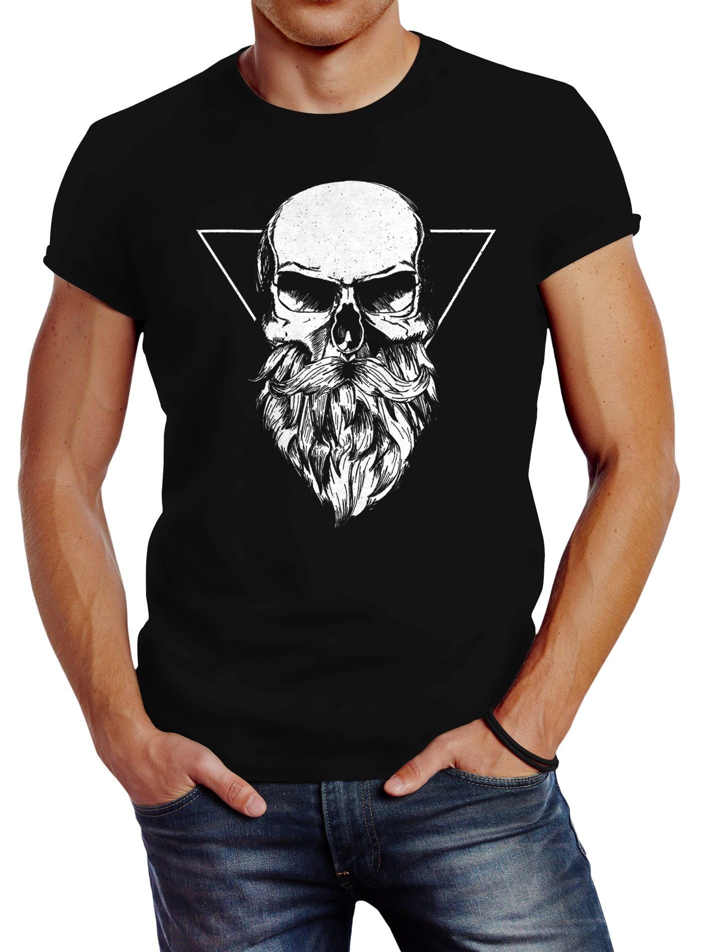 mit Totenkopf schwarz Triangle Print Fit Print-Shirt Bart T-Shirt Neverless® mit Slim Neverless Herren
