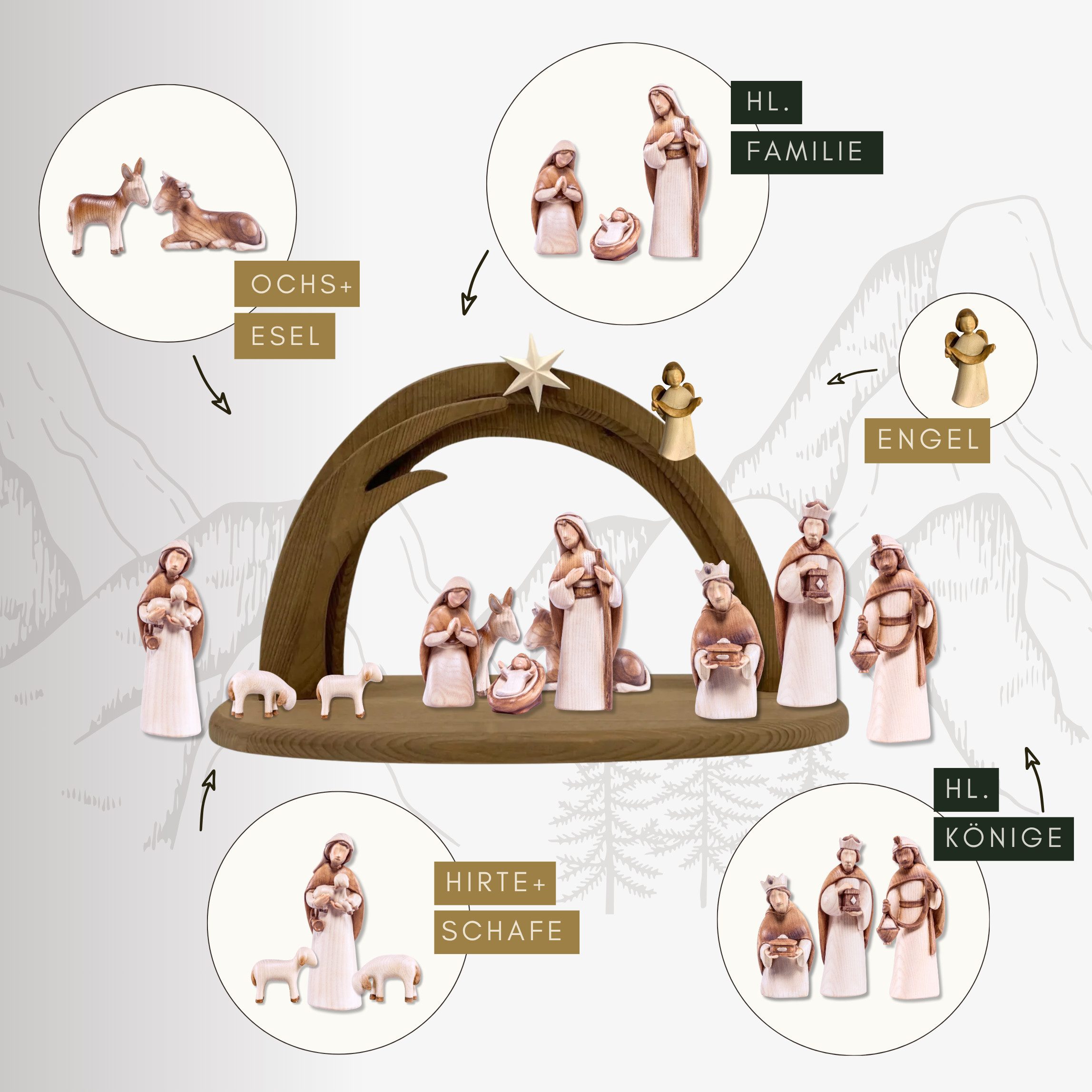 Akantus Krippe Moderne Krippenfiguren aus Holz: 11-teiliges Set (gebeizt), holzgeschnitzt, handbemalt, Ahornholz, Made in Südtirol