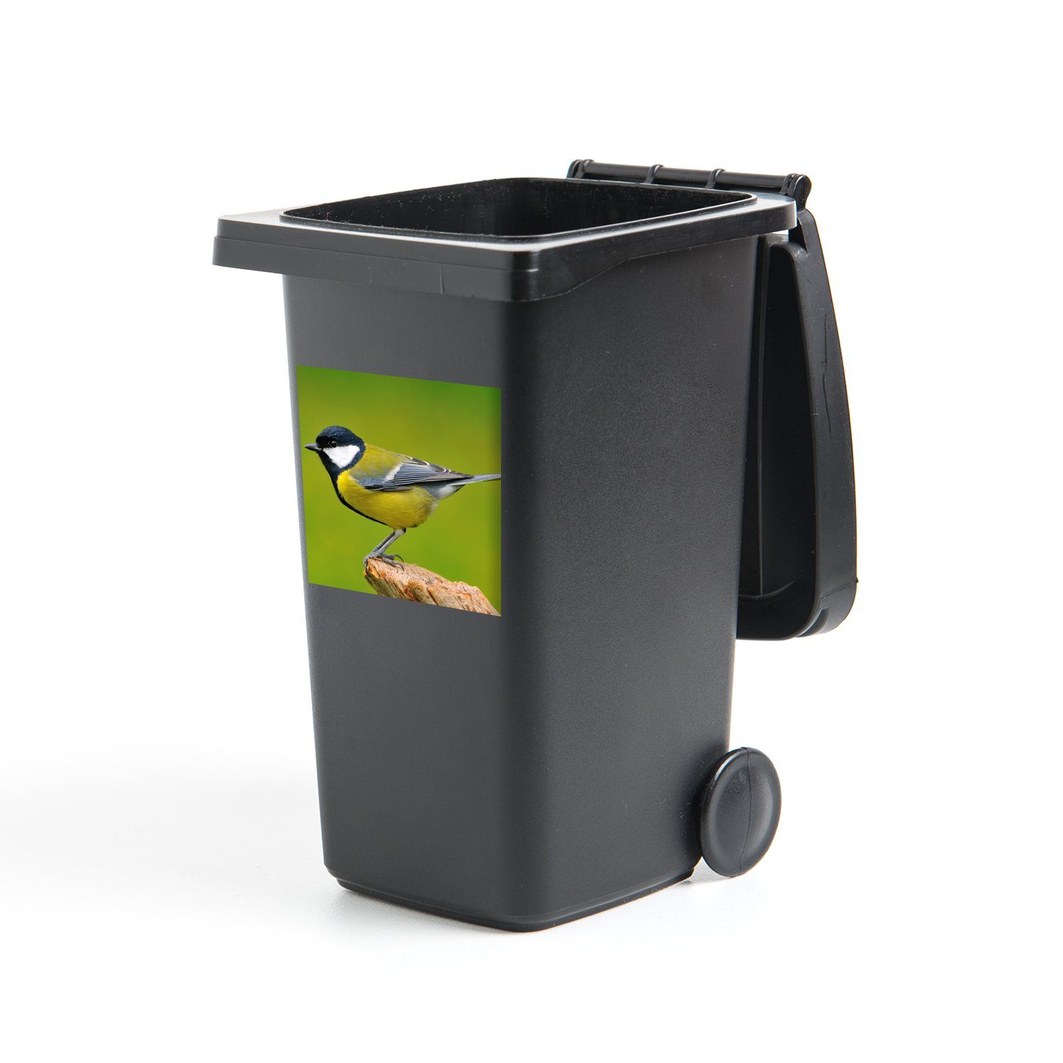 Container, Vogel (1 Sticker, Abfalbehälter Wandsticker MuchoWow - Tiere - St), Grün Mülleimer-aufkleber, - Kohlmeise Mülltonne,