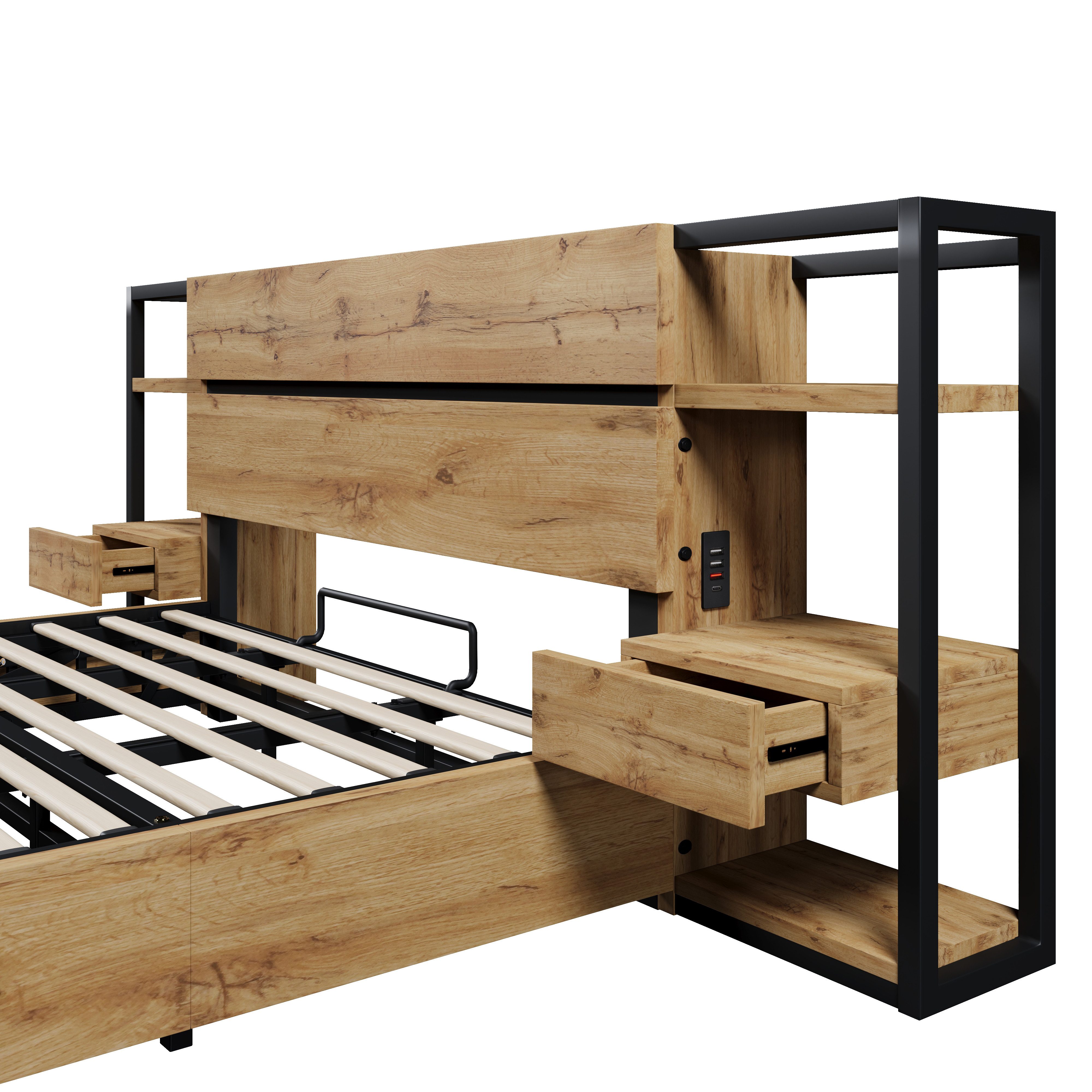 Luckice wooden bed, double bed 180×200cm, hydraulic storage bed (storage headboard with drawers and USB & Type-C charging port, bed frame with wooden slats), oak color (without mattress)