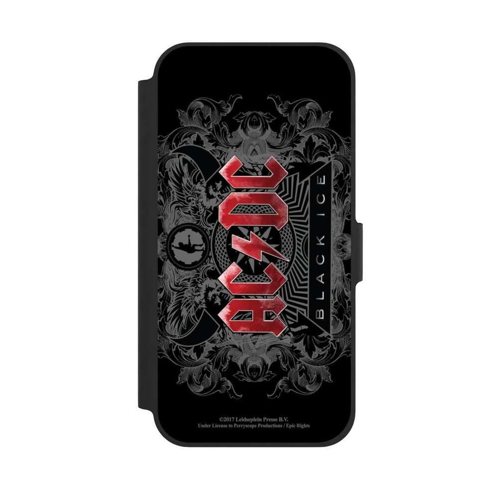 NIVOCASE Handyhülle ACDC Fanartikel Black Ice ACDC black ice, Apple iPhone 12 Klapphülle Handyhülle aus Kunst Leder NIVOflip schwarz