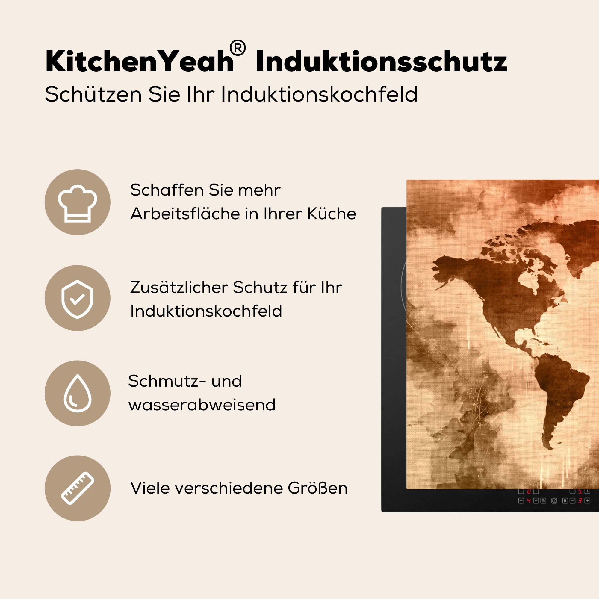 MuchoWow Herdblende-/Abdeckplatte Braun, (1 tlg), Rot Ceranfeldabdeckung Vinyl, - Schutz für die cm, Induktionskochfeld - 81x52 Weltkarte küche
