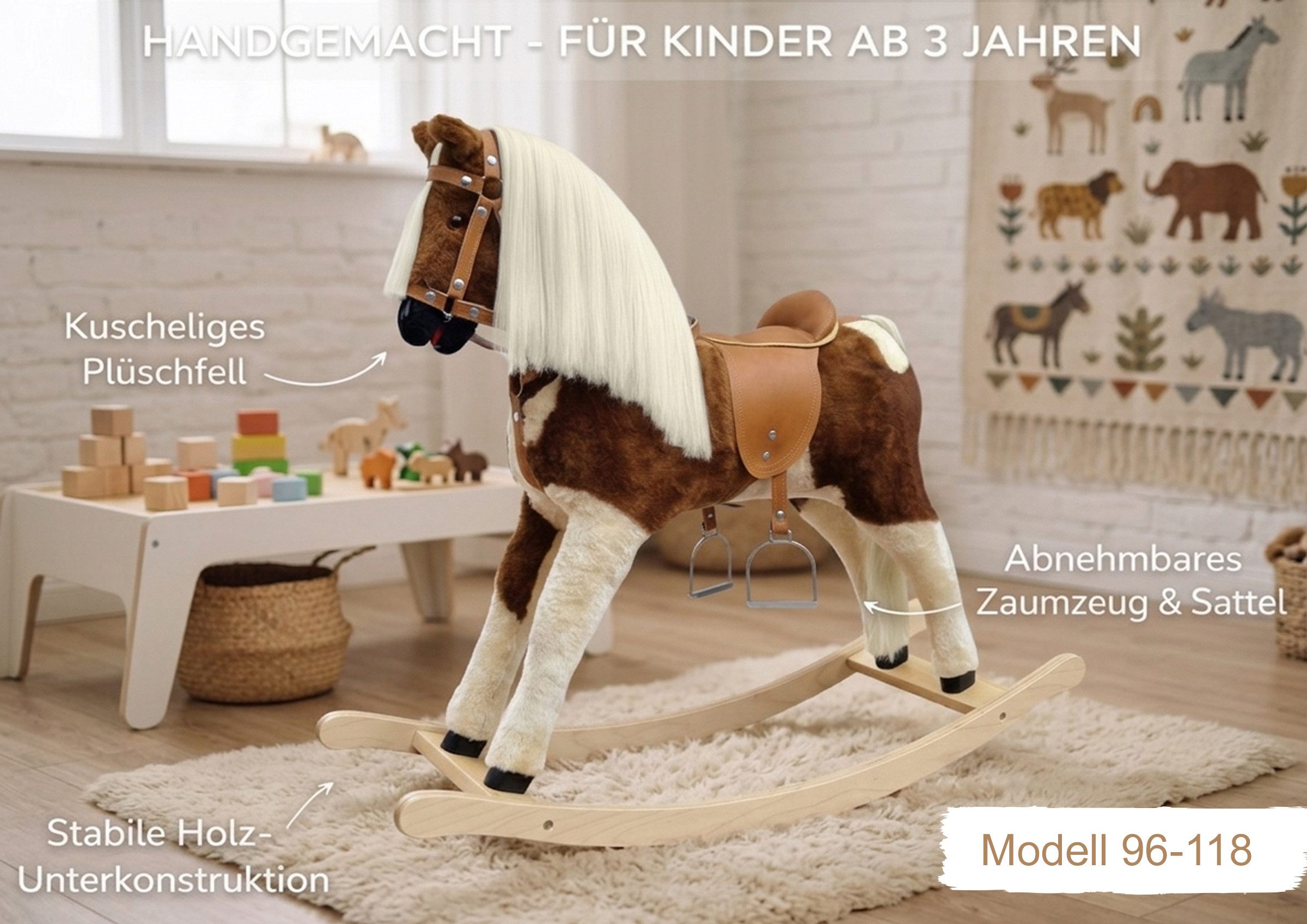 ERST-HOLZ Reitpferd Großes Plüschpferd Schaukelpferd Holzpferd Braun Gescheckt, 96-118 Plüschpferd gescheckt-Pferdegeschirr inkl.