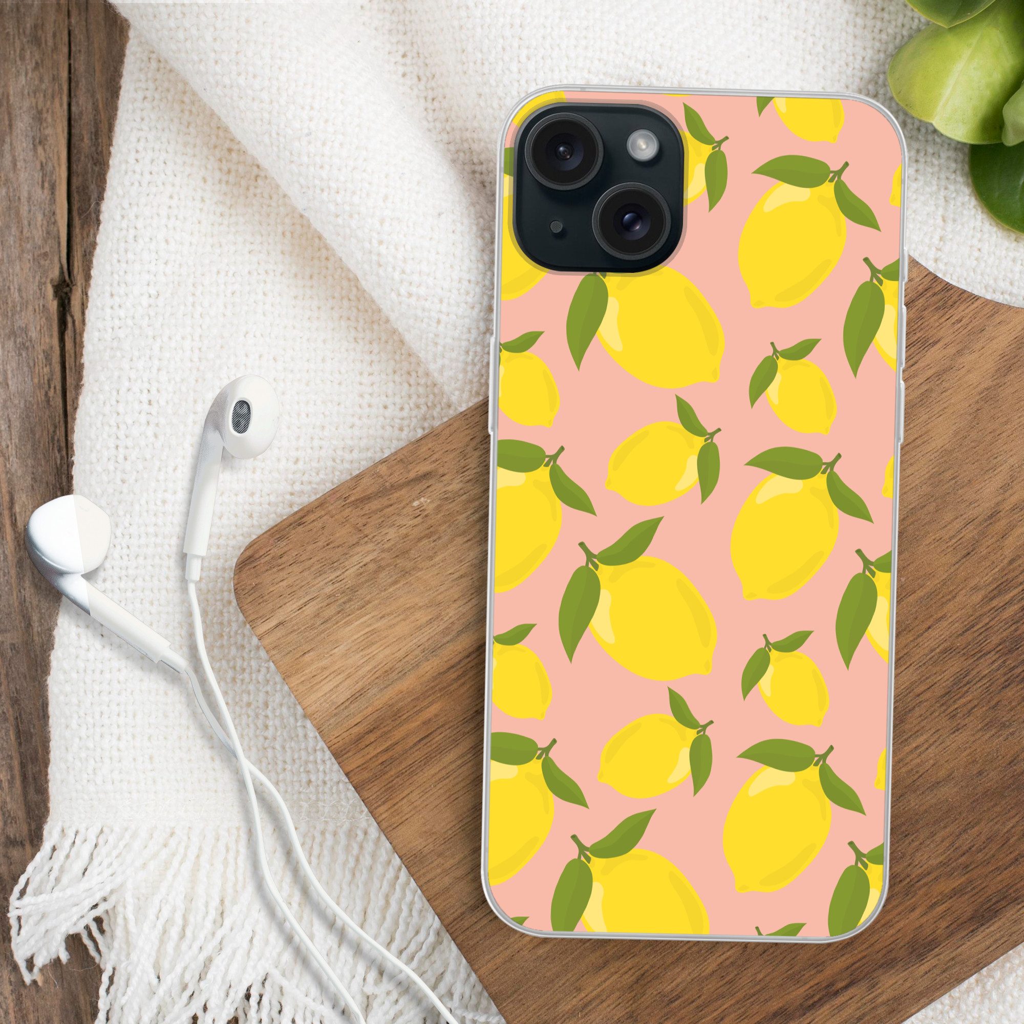 MuchoWow Handyhülle für Apple iPhone 15 Plus Zitronen - Gelb - Rosa - Muster - Obst, Smartphone-Bumper, Print, Handy Schutzhülle Dünn