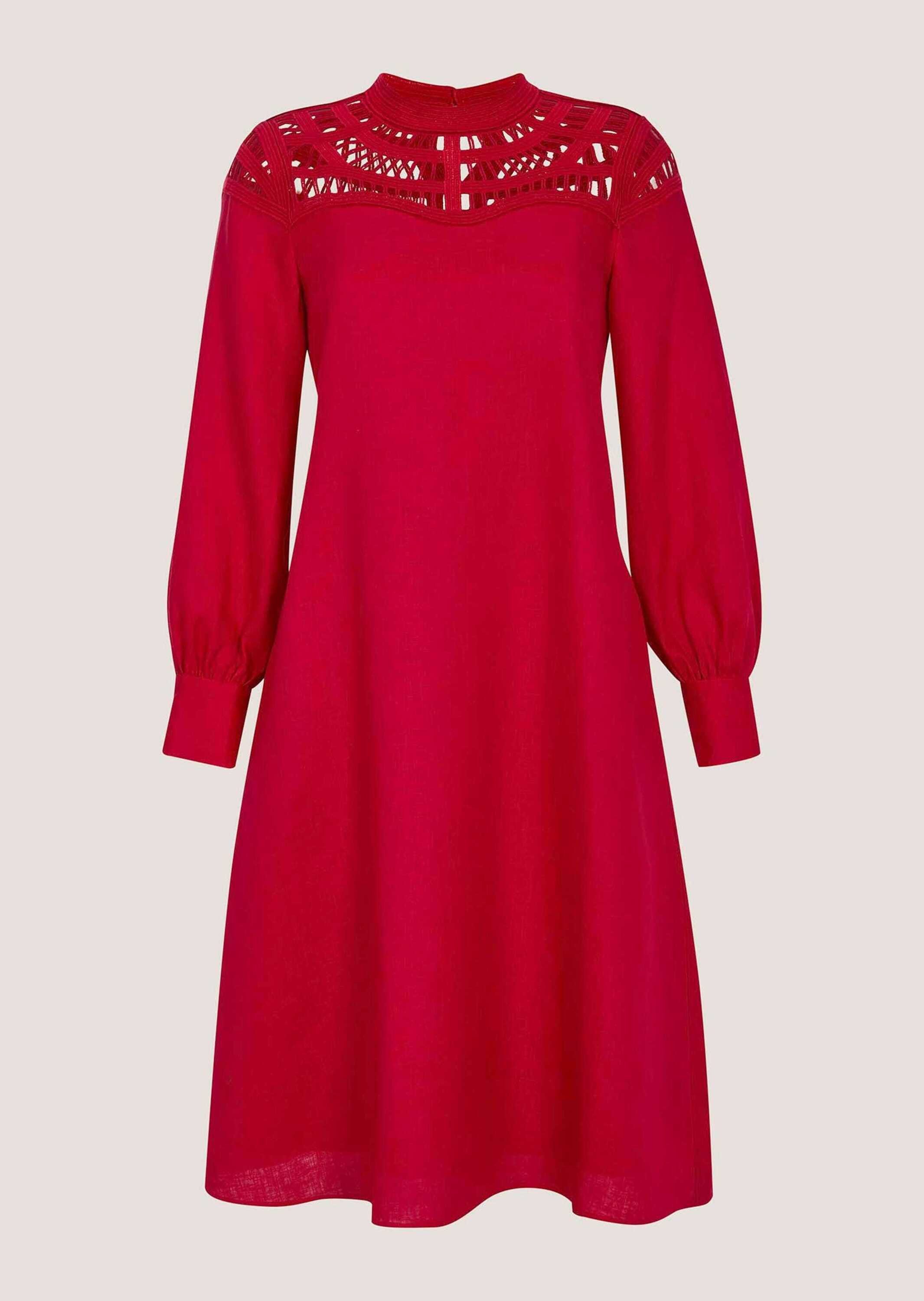 MADELEINE Midikleid Sommerkleid aus Naturgarn und Spitze Leinenkleid mit Stehkragen, Knopfverschluss und langen Ärmeln