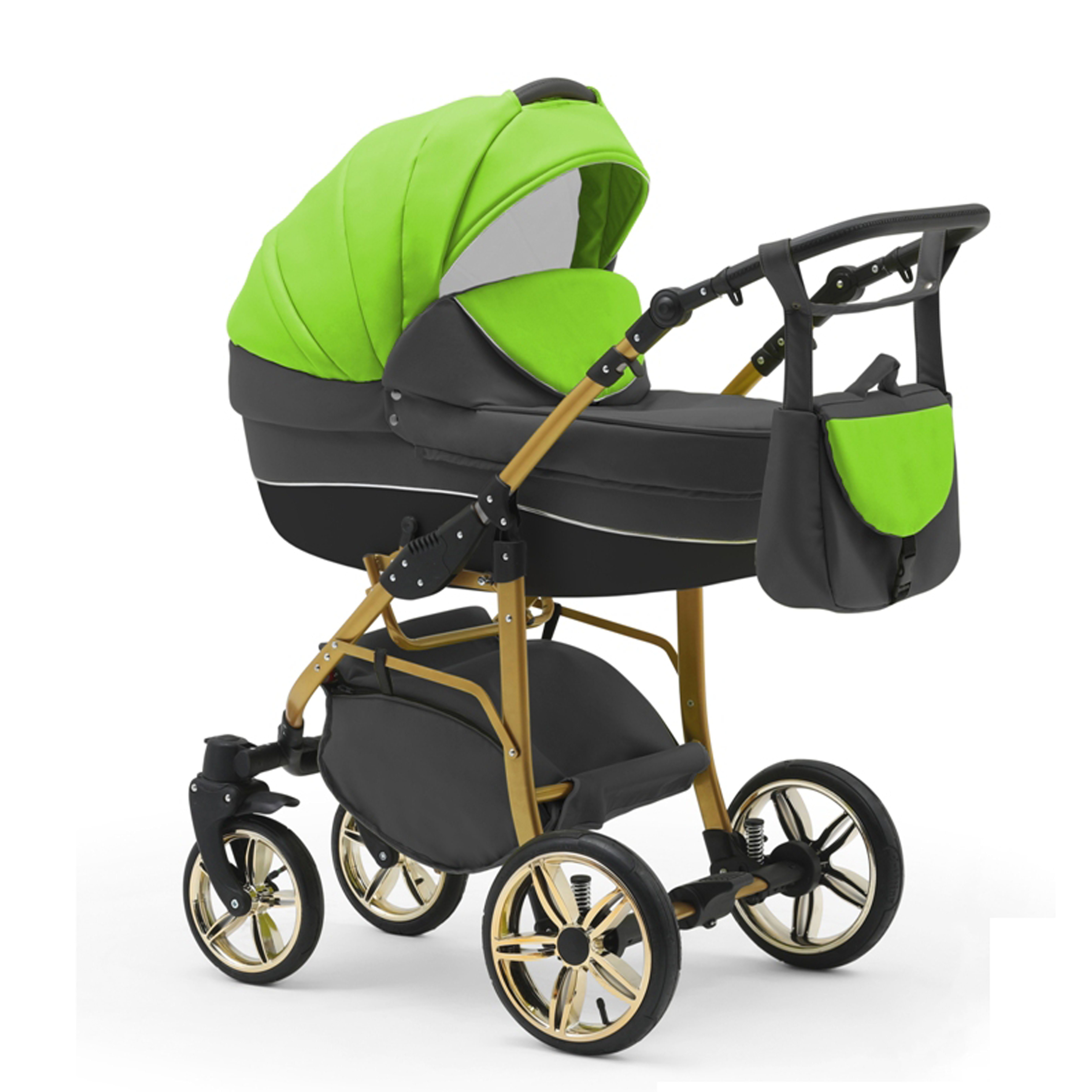 babies-on-wheels Kombi-Kinderwagen 2 in 1 Kinderwagen-Set Cosmo Gold - 13 Teile - in 46 Farben Grau-Grün