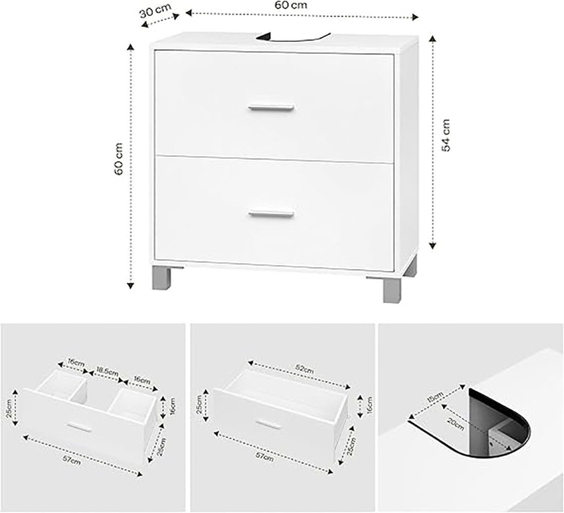 EUGAD Waschbeckenunterschrank (1-St) mit 2 Schubladen, freistehend, weiß, 60x60x30 cm – Bild 3 von 5