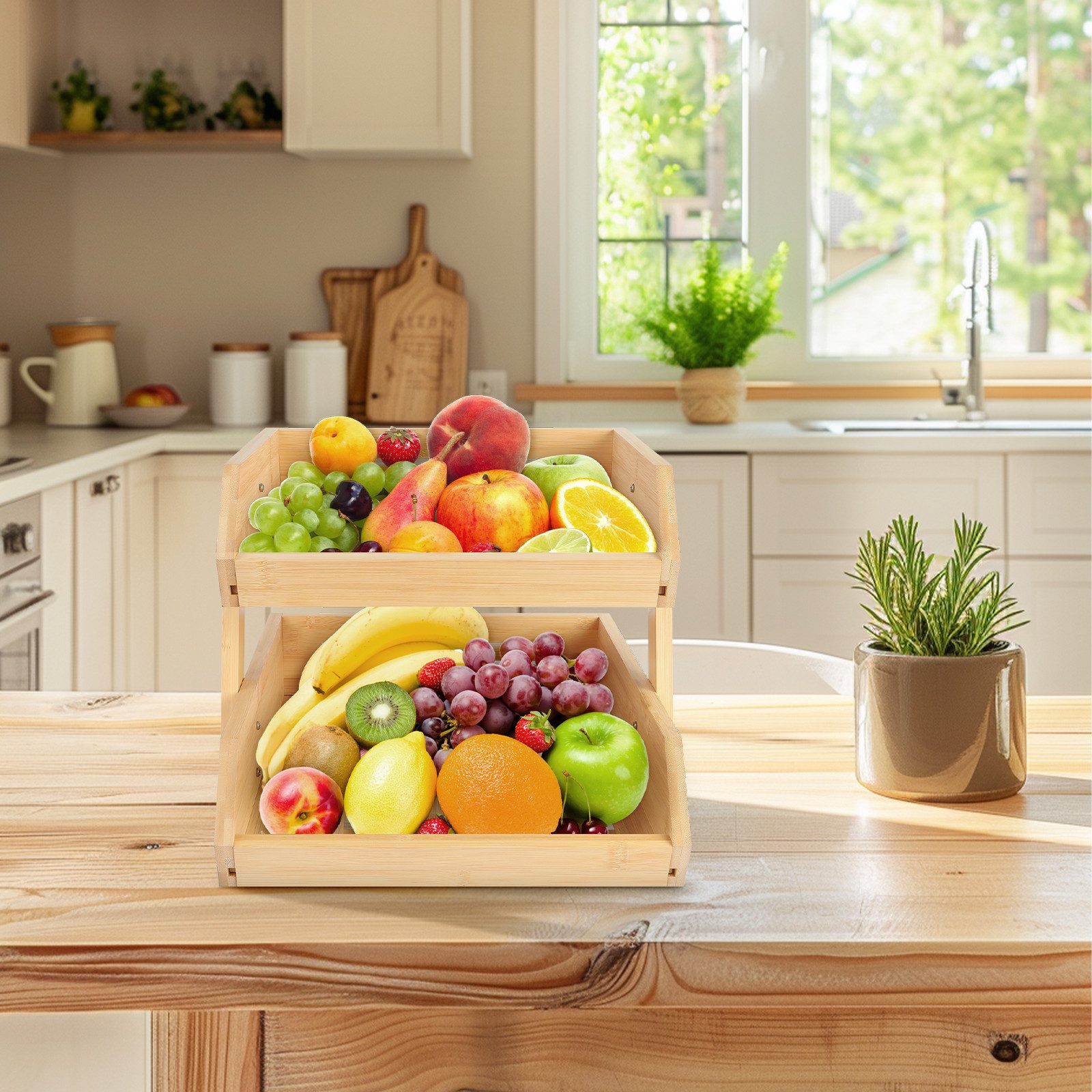 JEOBEST Obstschale Obstkorb Brotkorb mit 2 Etagen, (1-tlg, Bambus) Servierkorb,Snack-Ausstellungsständer