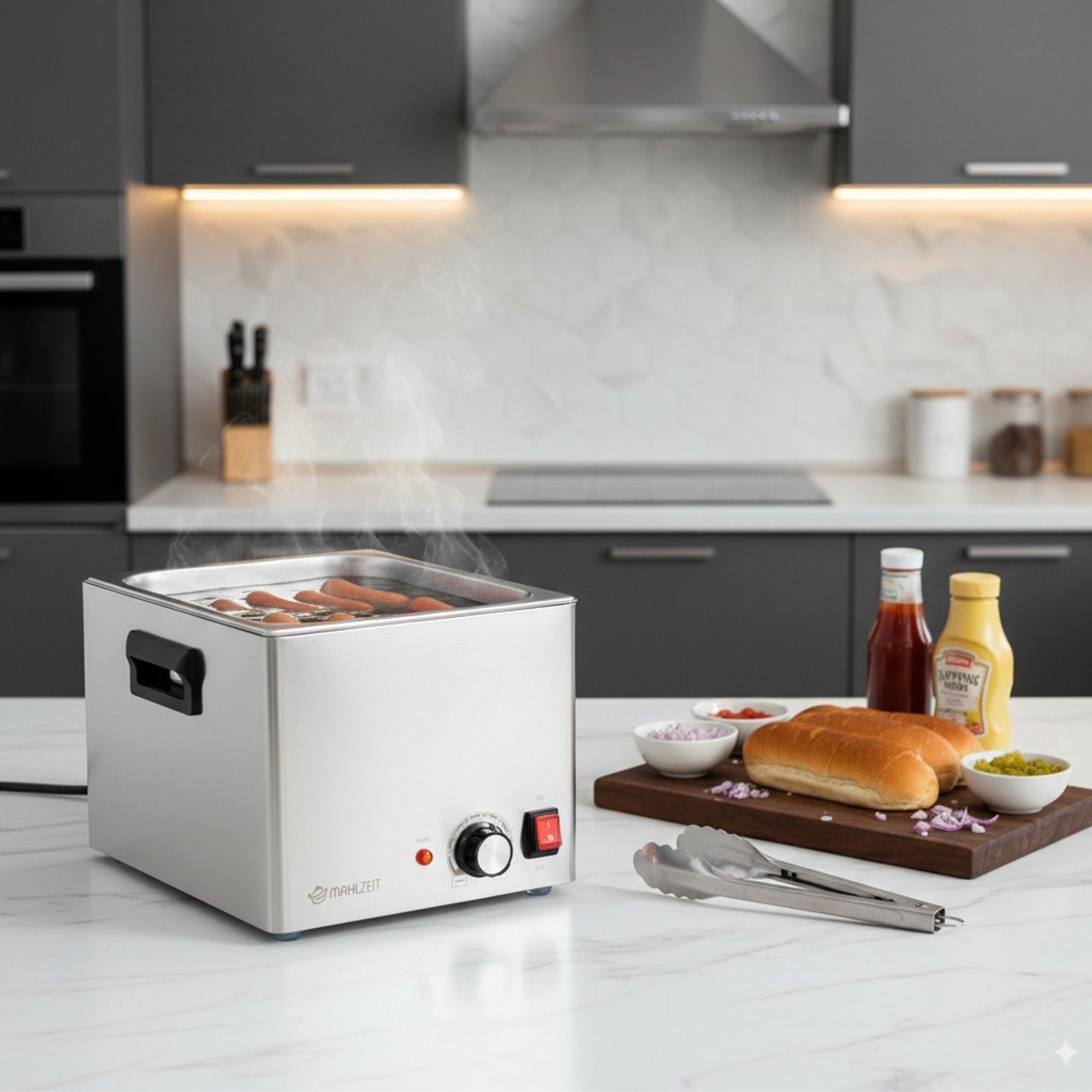 Mahlzeit Speisenwärmer Edelstahl Würstchenwärmer elektrisch, 1200 W, 6 Liter