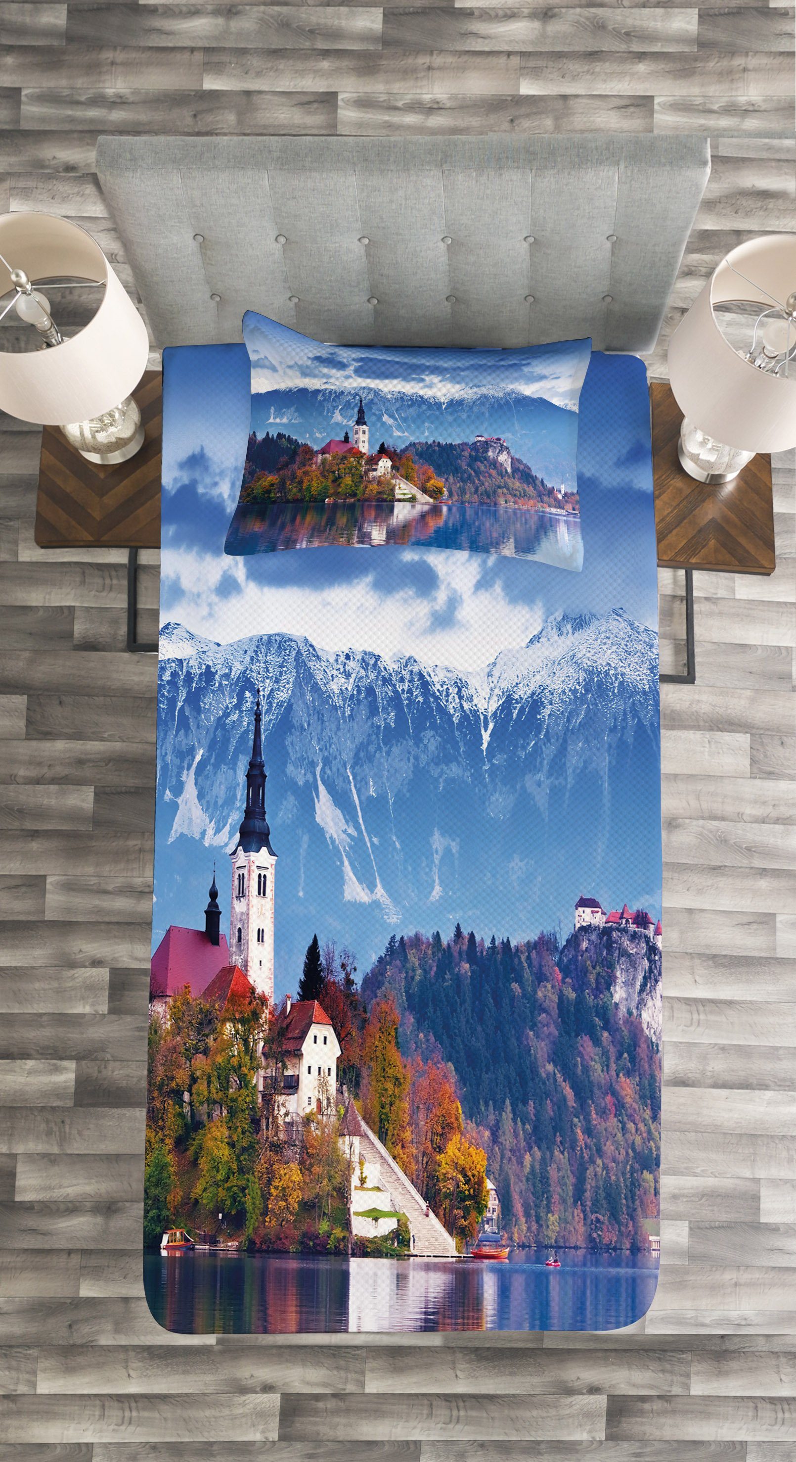 Tagesdecke Set mit Kissenbezügen Bled Waschbar, See Abakuhaus, Landschaft Slowenien