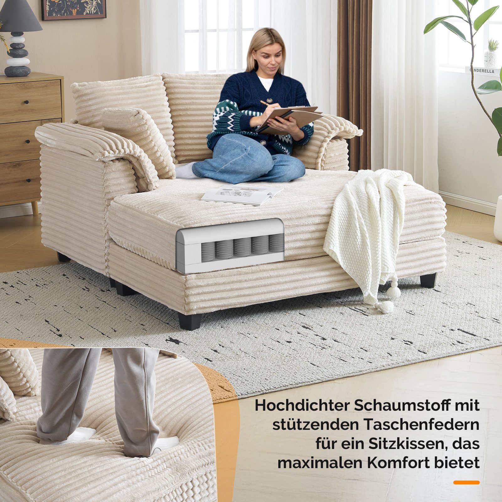 VINGLI Chaiselongue 2-Sitzer Cord Schlafsofa, Breite 142cm, Loungesofa mit Schlaffsunktion, Großer Chaiselongue-Sessel für Wohnzimmer, Schlafzimmer oder Büro – Bild 3 von 5
