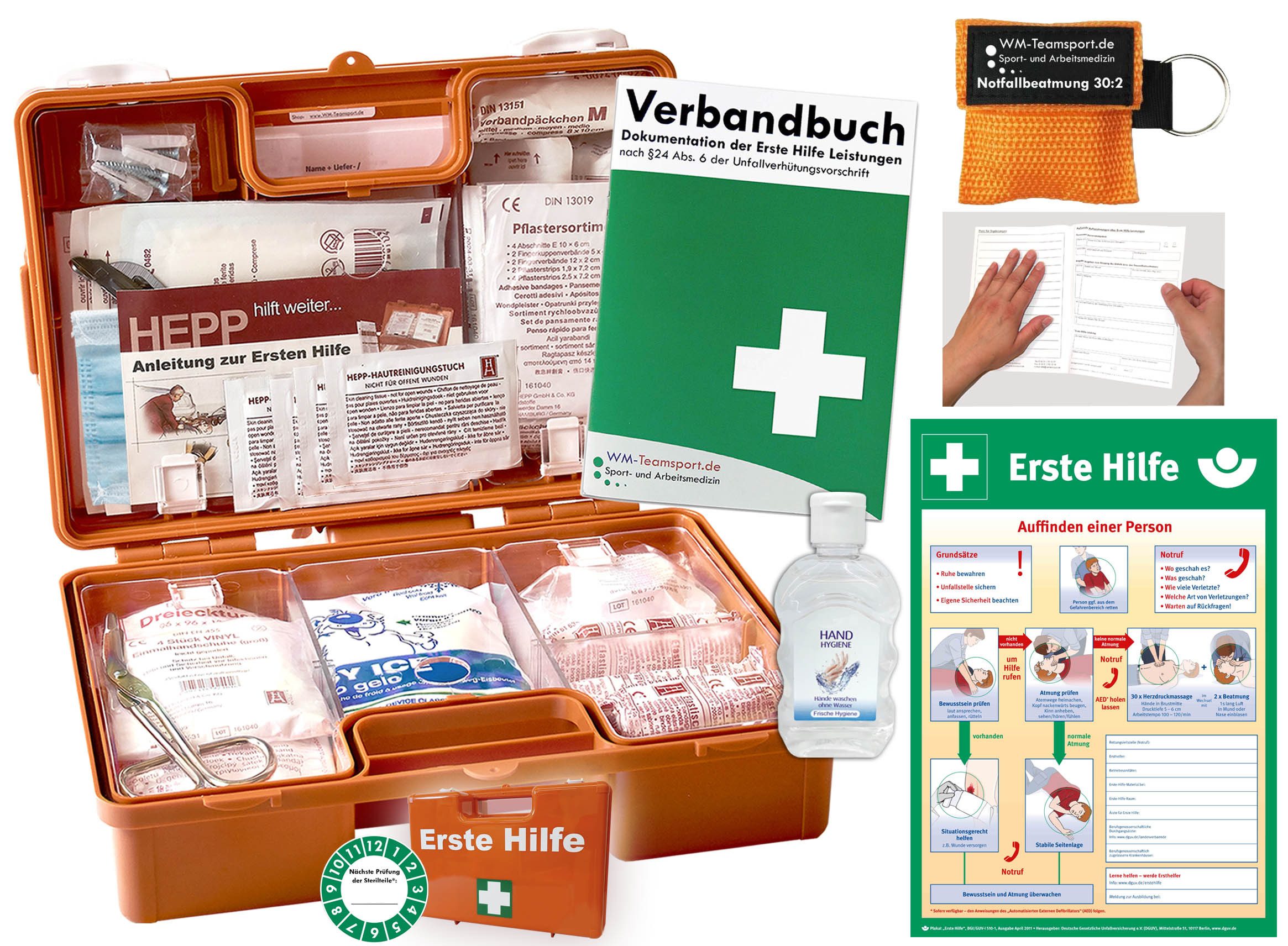 WM-Teamsport Erste-Hilfe-Koffer 1.Hilfe Koffer (K)ARR DIN 13157 + Hygiene-Gel, Beatmung + Aushang