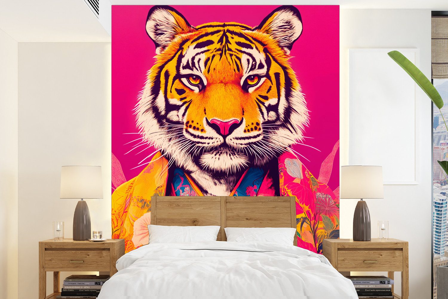 MuchoWow Fototapete Tiger - Kimono - Pflanzen - Rosa, Matt, bedruckt, Wallpaper für Wohnzimmer, Schlafzimmer, Vinyl Tapete, 165x220 cm