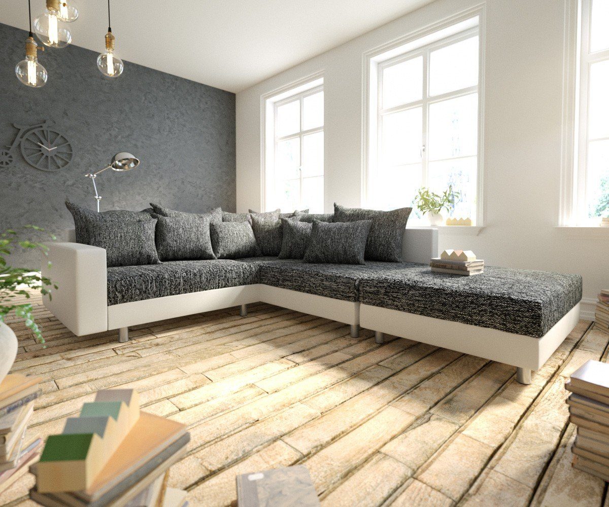 DELIFE Ecksofa Clovis, Weiss Schwarz Hocker günstig online kaufen