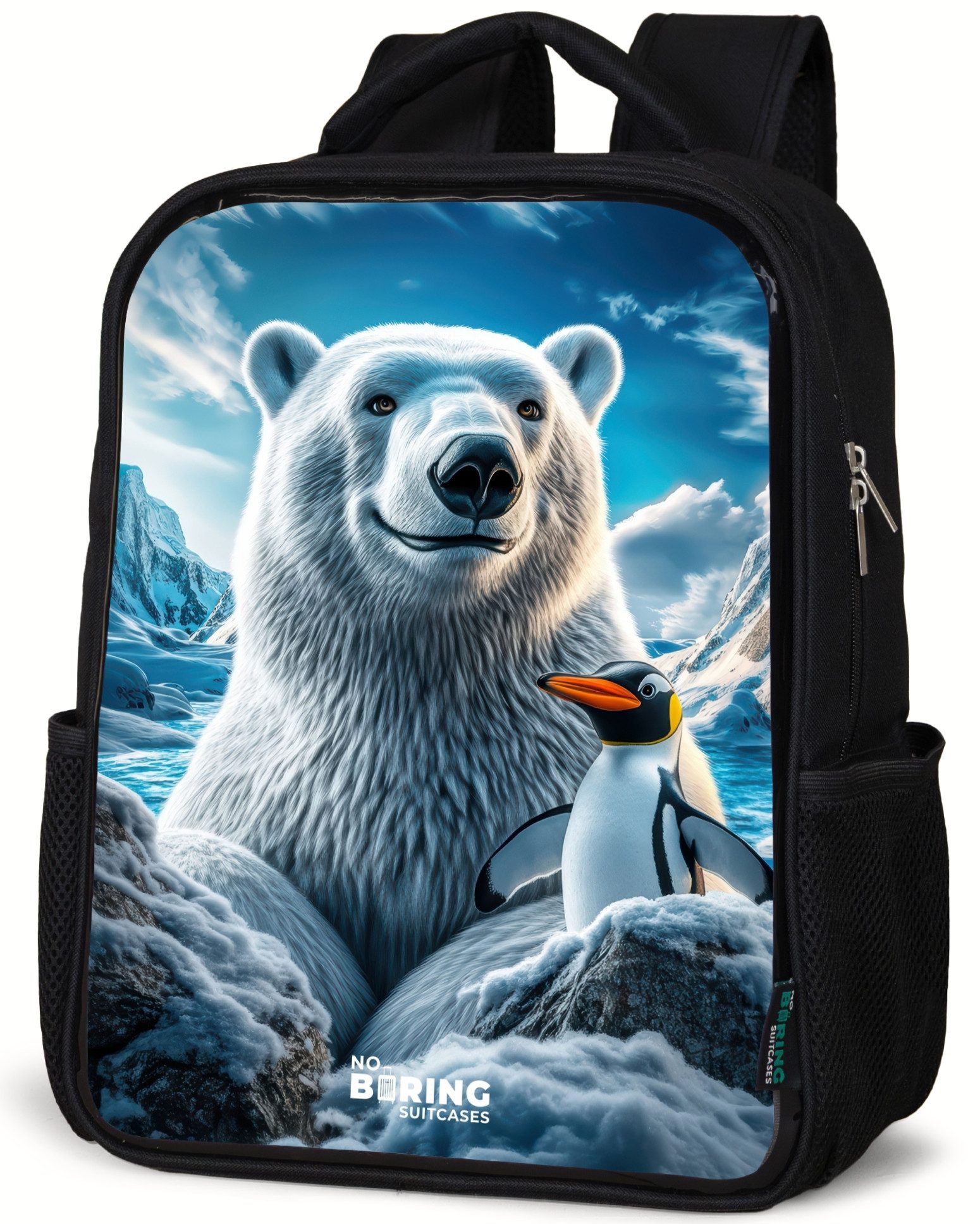 Eisbär und Pinguin in verschneiter Berglandschaft