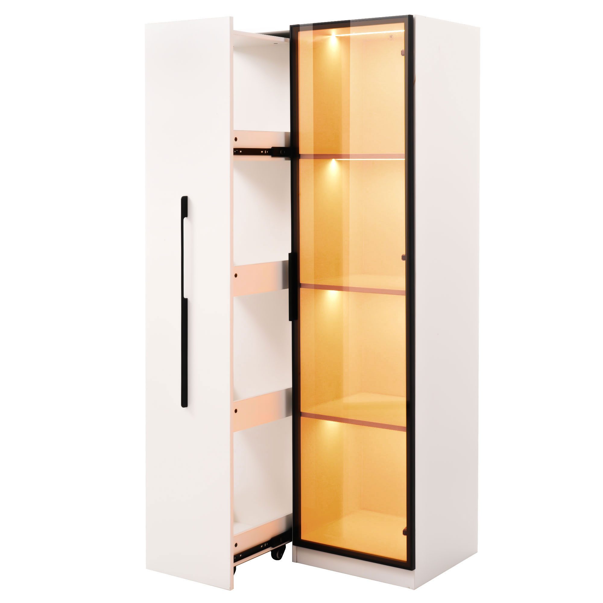 BlingBin Stauraumvitrine LED-Vitrine Multifunktionsschrank (1-St., mit warmgelben Aluminium-Lichtleisten, Soft-Close-Scharniere) Soft-Close-Scharniere, mehrfarbiger Beleuchtung & Kippschutz