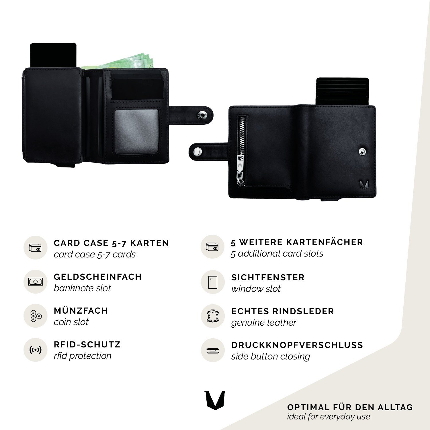 MAGATI Mini Geldbörse Slim Wallet RFID-Schutz, Geschenkbox, (Inkl. Rindsleder, Geldscheinfach echtes NAGA Optionaler Kartenschieber, Fundservice), Cognac