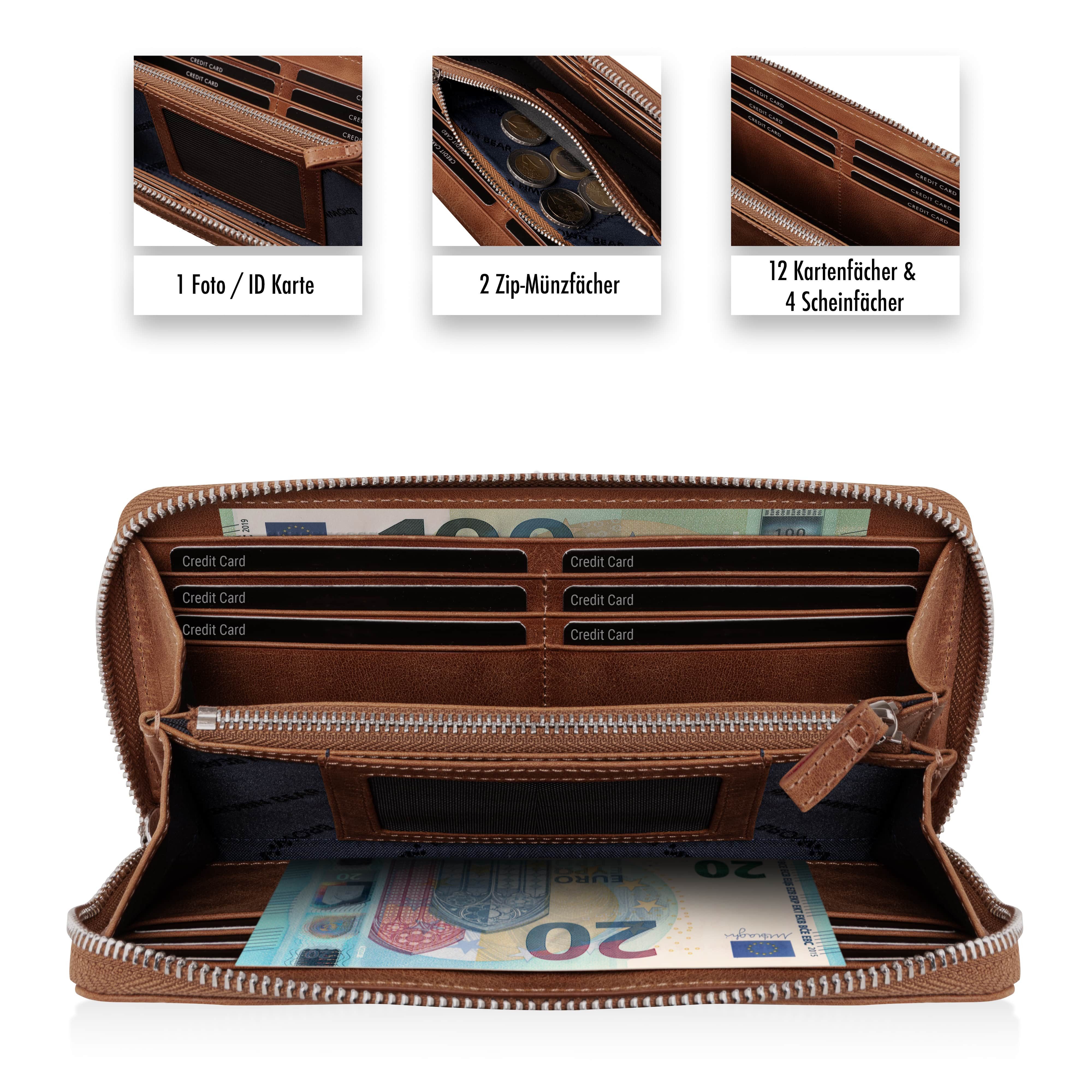 Brown Bear Geldbörse Conny aus Echtleder mit umlaufendem Reißverschluss, mit RFID-Schutz und 13 Kartenfächern Farbe Braun-Vintage – Bild 3 von 5