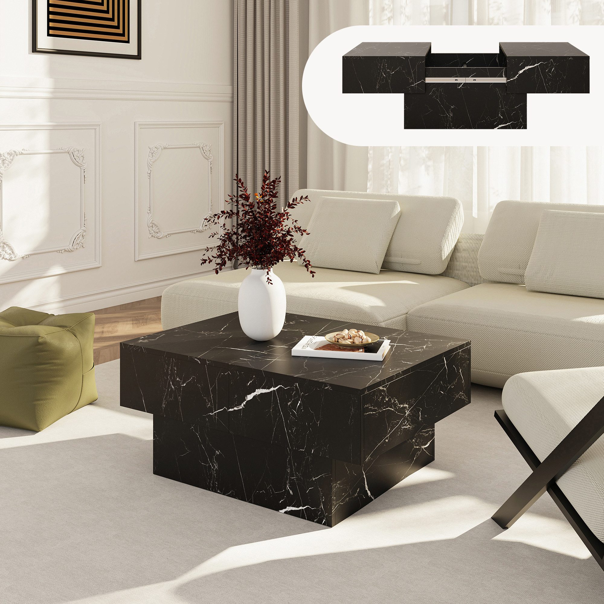 en.casa Couchtisch, ausziehbar »Lens« mit Stauraum 80x60x36 cm Marmoroptik, schwarz