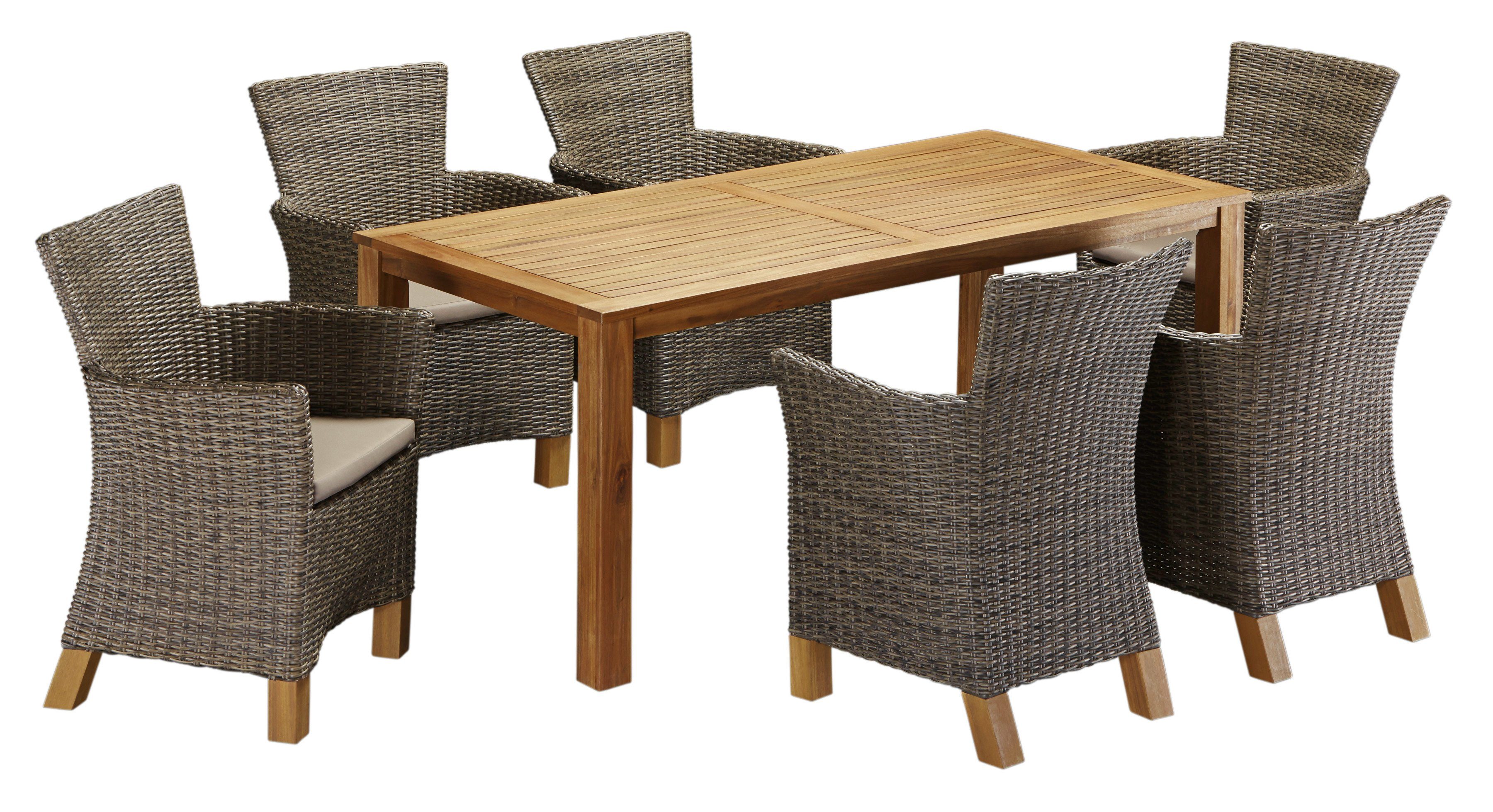 MERXX Garten-Essgruppe Toskana, (13-tlg), 6 Sessel, Tisch 185x90cm, Polyrattan/Akazie