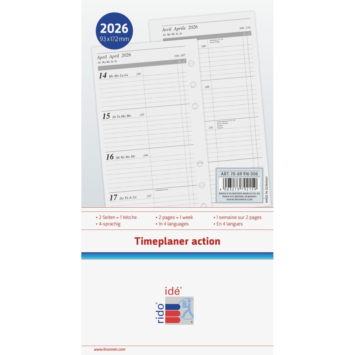rido ide Terminplaner Wochenkalendarium 1 Woche/2 Seiten 9,3x17,2 cm 2026 Packung mit 10 Stü