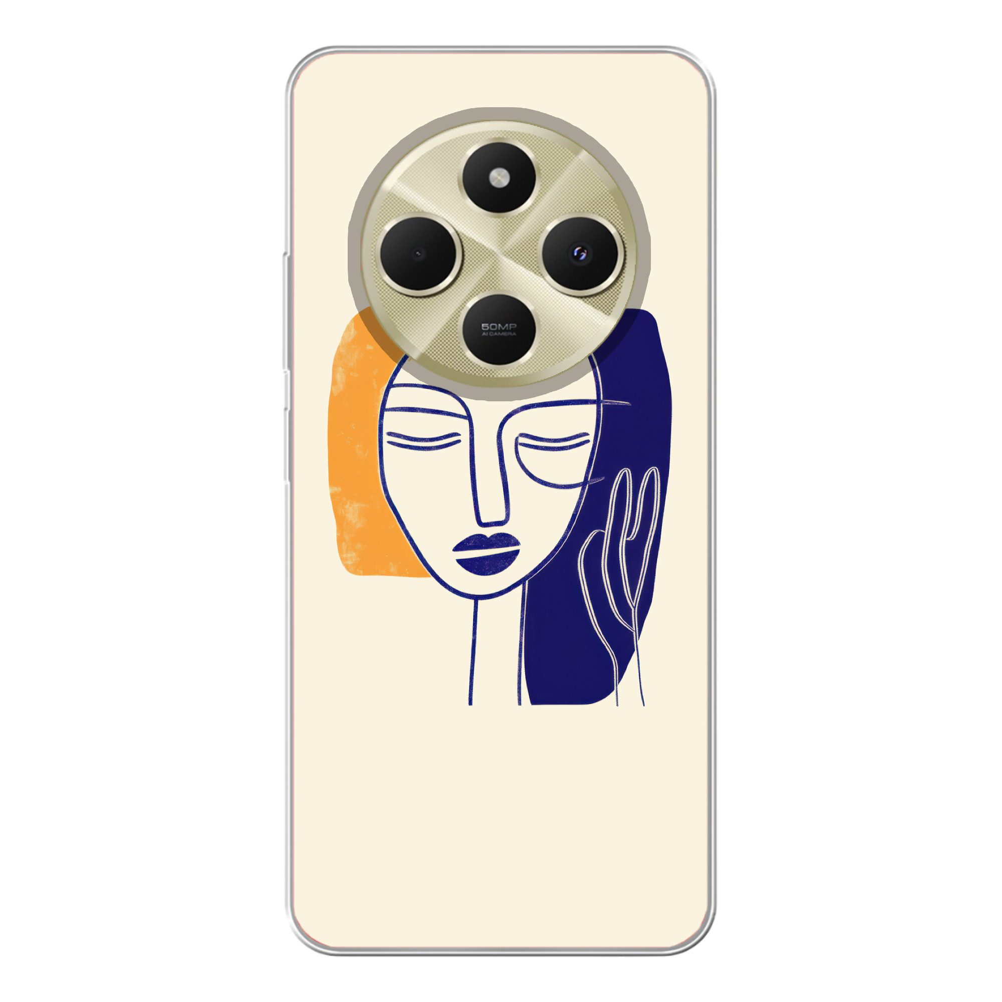 MuchoWow Handyhülle für Xiaomi Poco 14C 5G Minimalistisch - Gesicht - Hand - Orange - Blau, Phone Case, Silikon, Schutzhülle Dünn