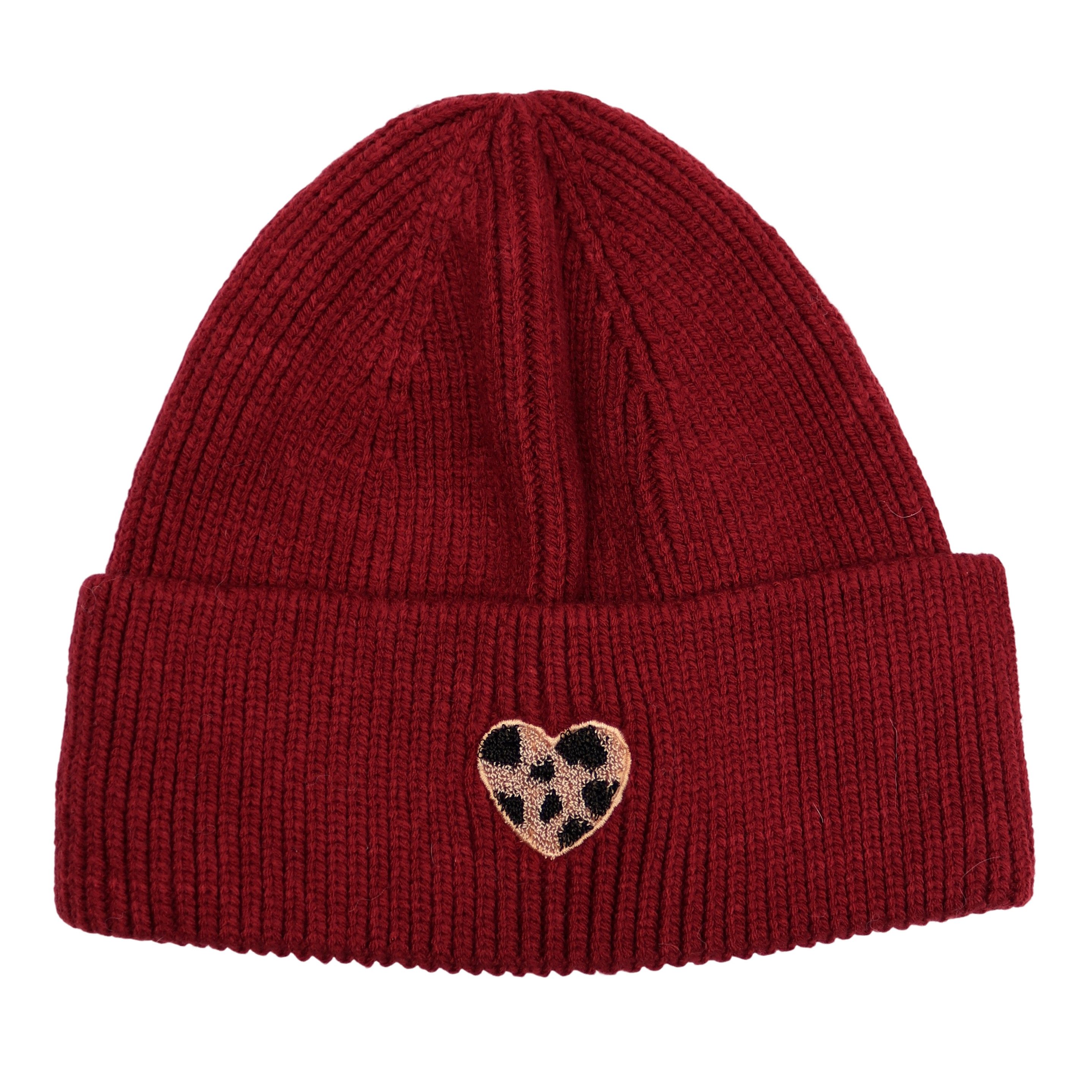 MIRROSI Strickmütze Damen Beanie aus 100% Viskose mit Umschlag & Herz-Patch im Leo-Look ungefüttert