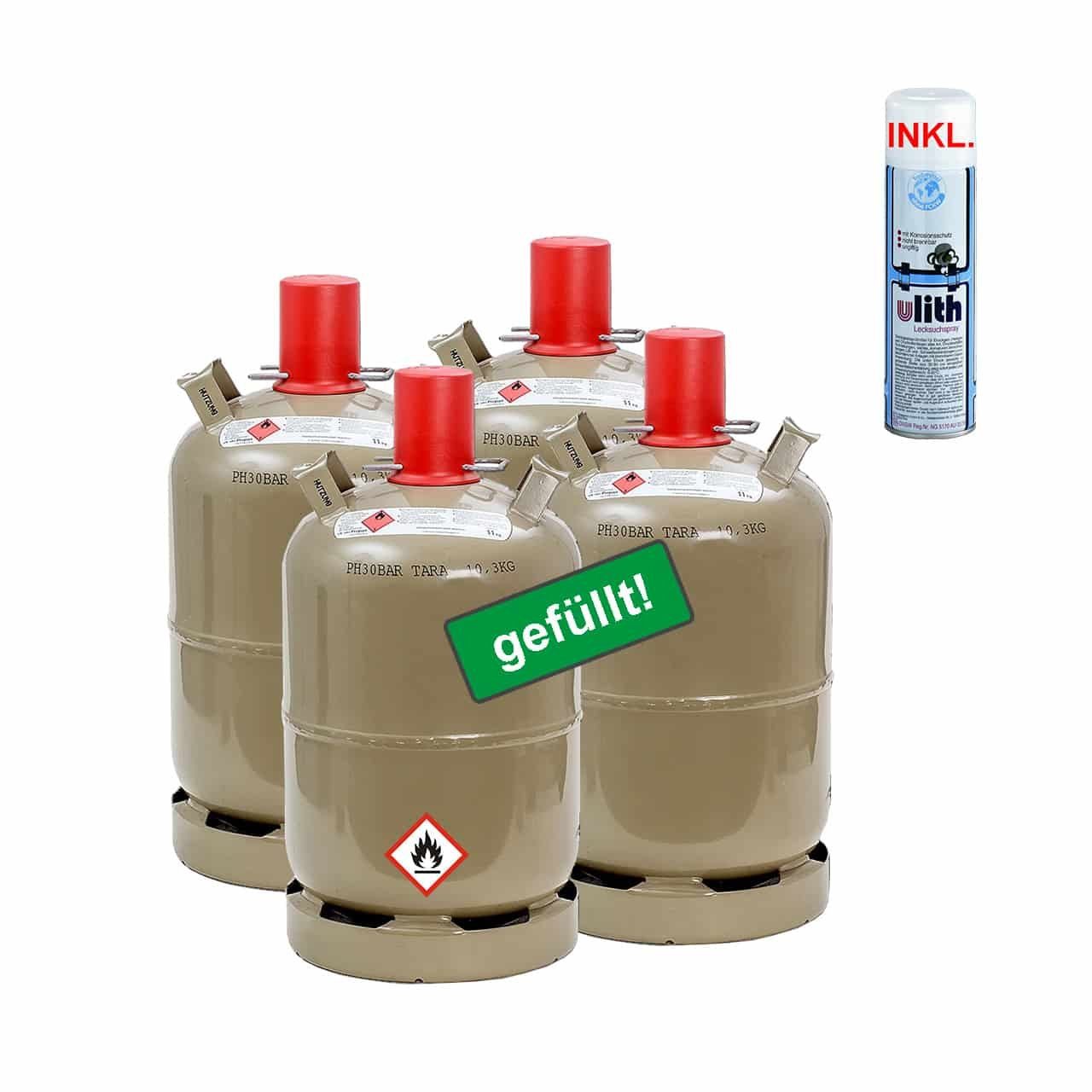 BlueCraft Gas 4x 11 kg Propan Gasflasche ungefüllt, 4x 11 kg, Propan Gas-Flasche gefüllt Inkl. Lecksuchspray