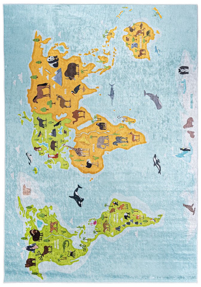 Mazovia Kinderteppich Kinderteppich Kinderzimmerteppich Spielteppich Weltkarte, 80 x 150 cm, Kurflor, Waschbar in Waschmaschine, Höhe 5 mm, Rutschfest