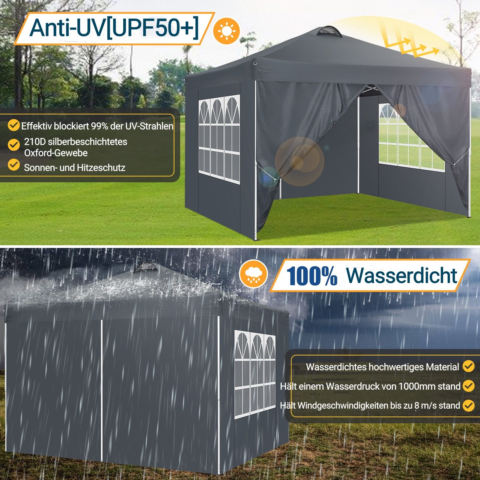 Thumbnail - LUCKZON Pavillon 3x3 Pavillon Wasserdicht Pop up Faltpavillon UV 50+, mit 4 Seitenteilen, mit 4 Seitenteilen Faltbar Zel...
