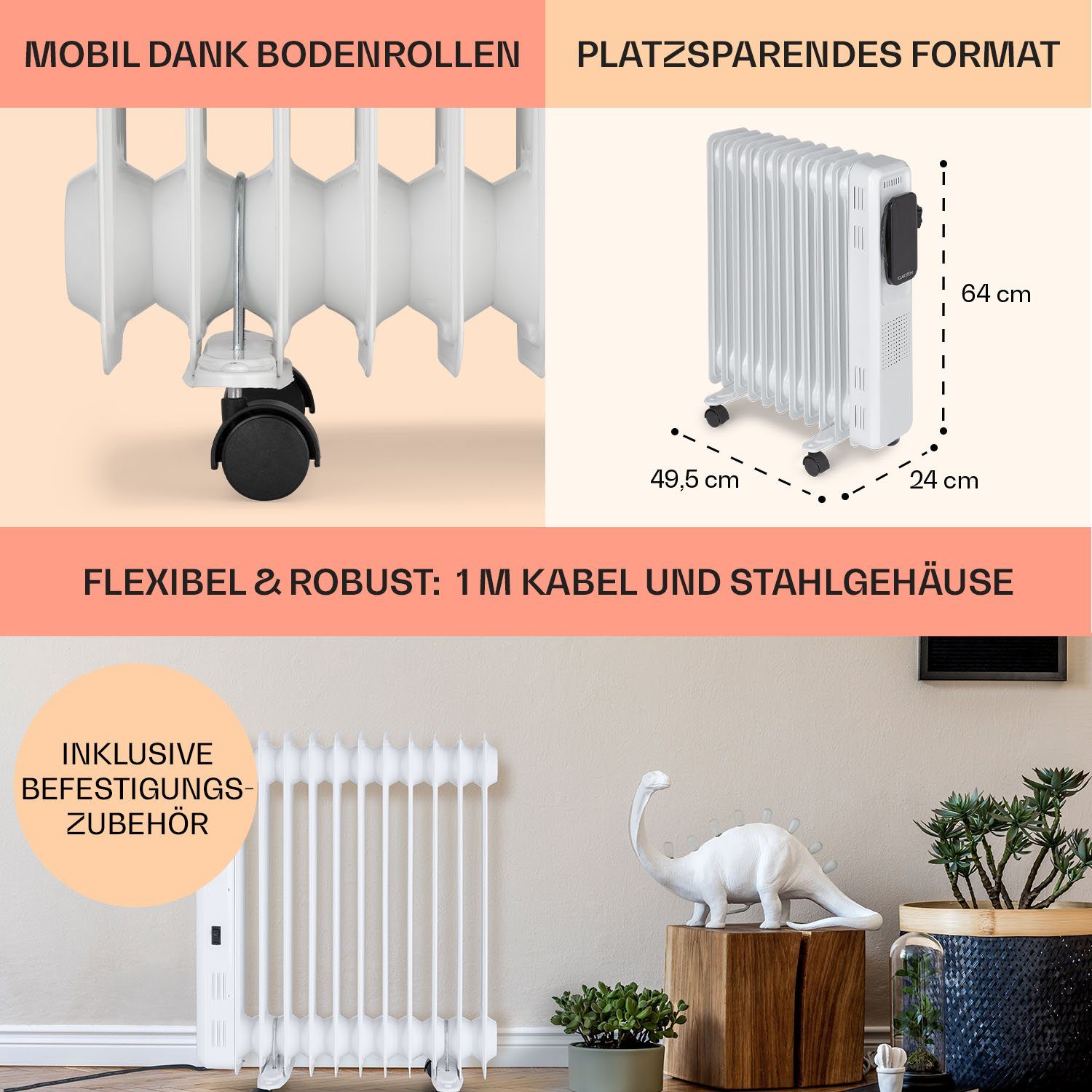 Heizstrahler Smart, Thermaxx W, 10 2720 Klarstein Thermostat Rollen Heizkörper Ölradiator energiesparend Rippen Elevate