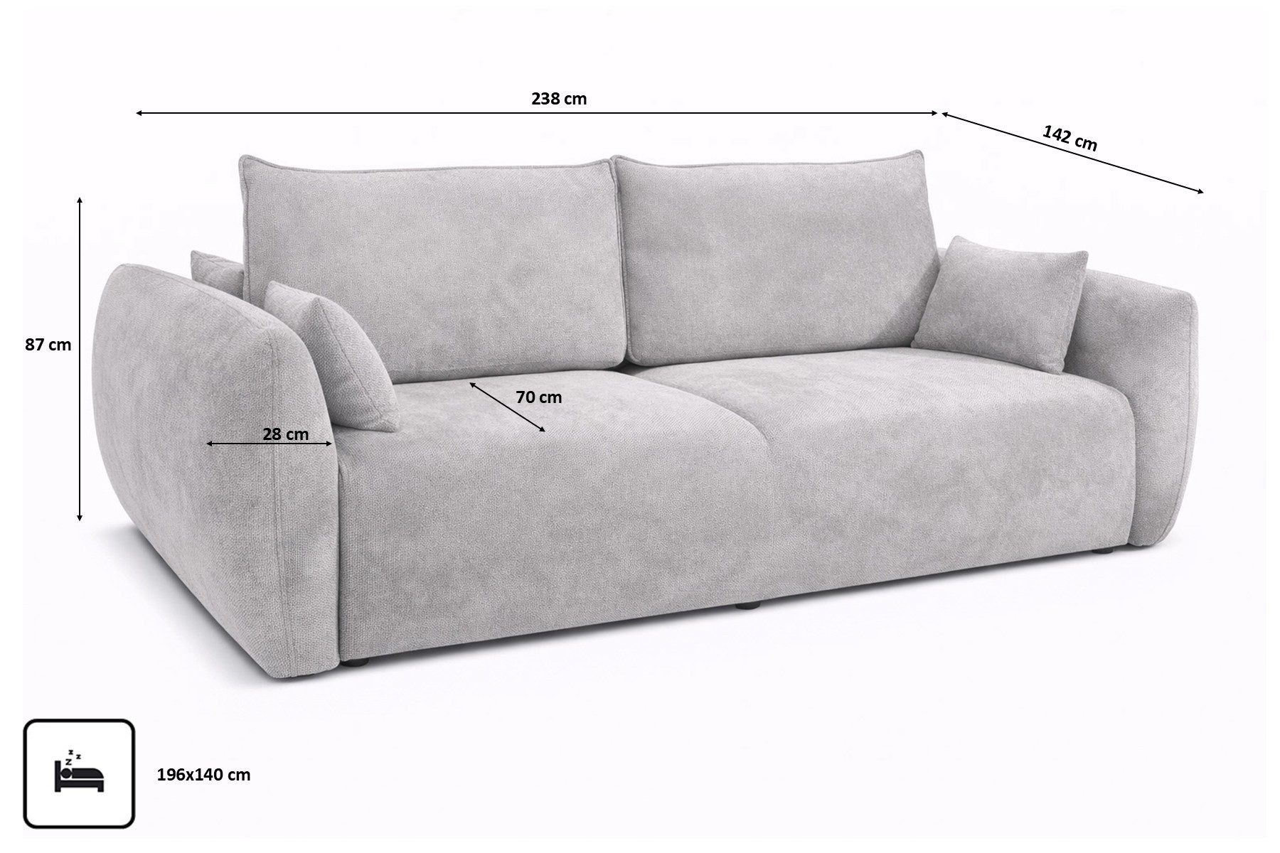 Kaiser Möbel Schlafsofa Sofa mit Schlaffunktion und Bettkasten,Veloursstoff Salvador, Zephira, Integrierter Bettkasten aus weißer Möbelplatte,Veloursstoff Salvador