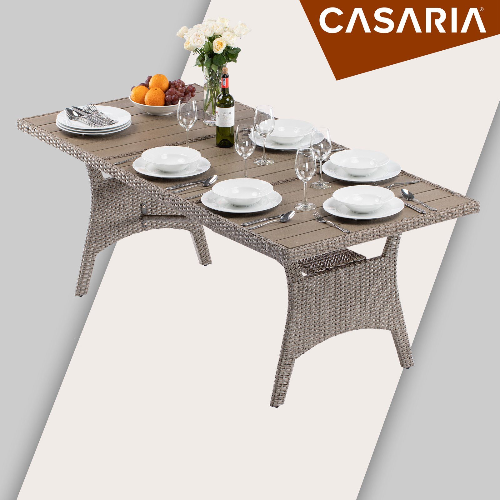 Höhenverstellbar (1-St), 190x90x74cm Gartentisch Casaria mit Beige Ablage WPC-Tischplatte Polyrattan