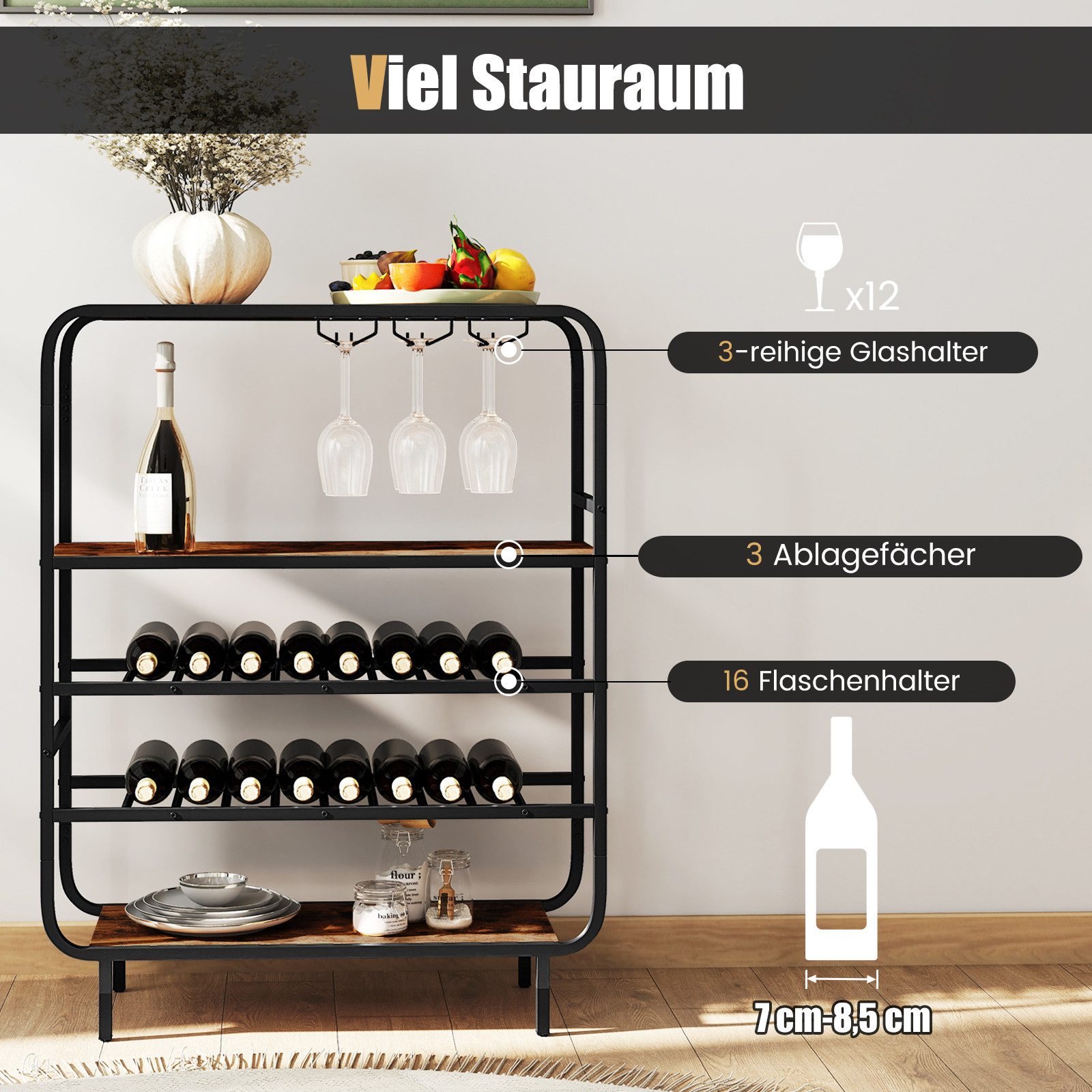 COSTWAY Weinregal, stehend Metall Flaschenregal für 16 Flaschen mit Glashaltern