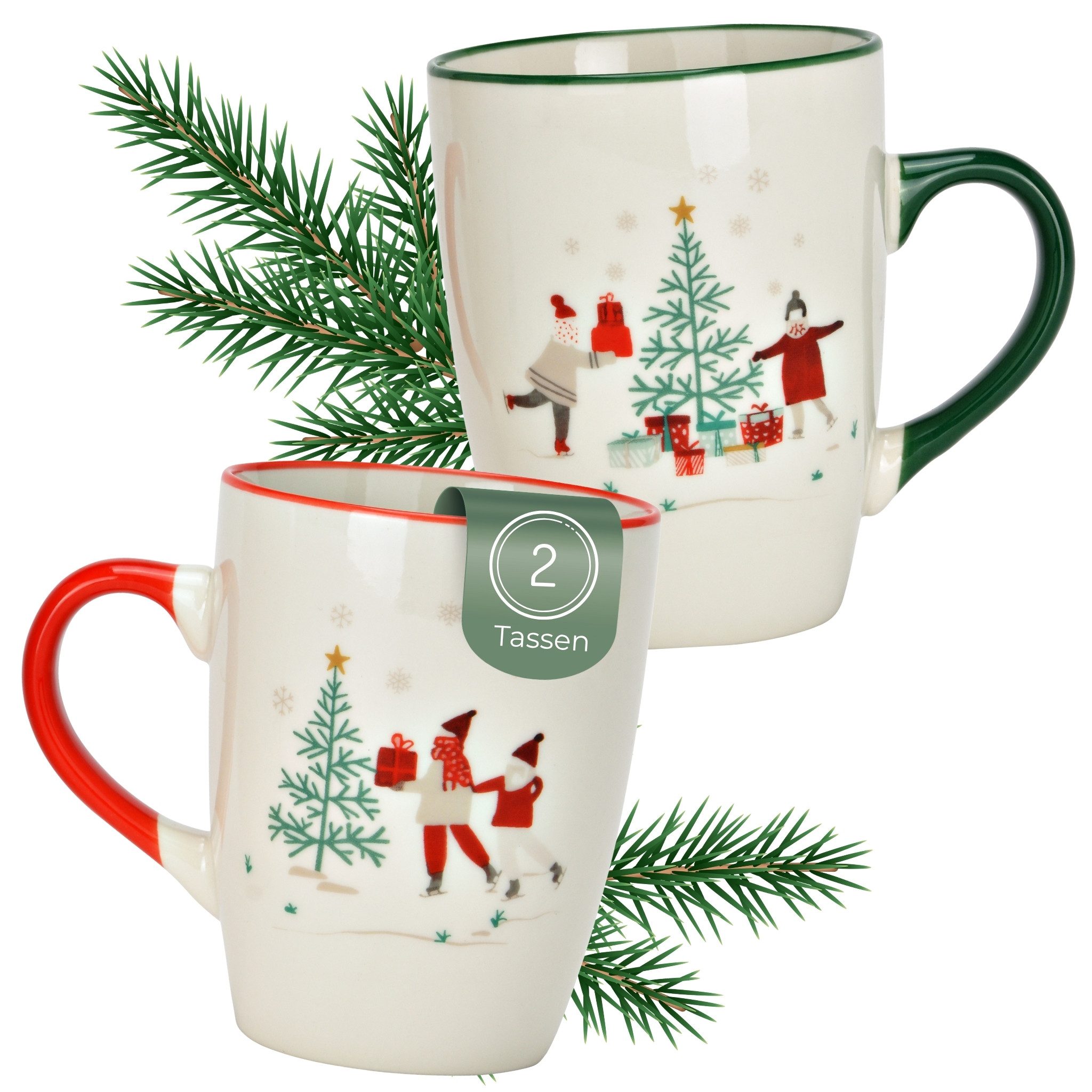 matches21 HOME & HOBBY Tasse Weihnachtstassen Set Design mit Geschenk-Motiv, Kaffeetasse 330 ml, 2-tlg., Porzellan, Tassen für Kaffee & Tee für Weihnachten