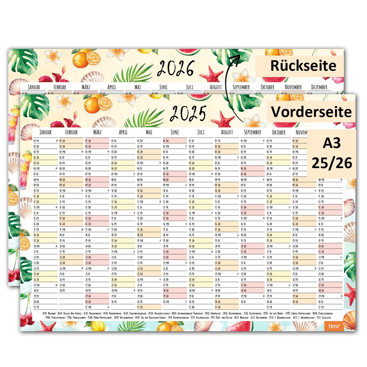 Timr Wandkalender Wandkalender 2025/2026 Motiv Früchte - DIN A3 Kalender 12 Monate