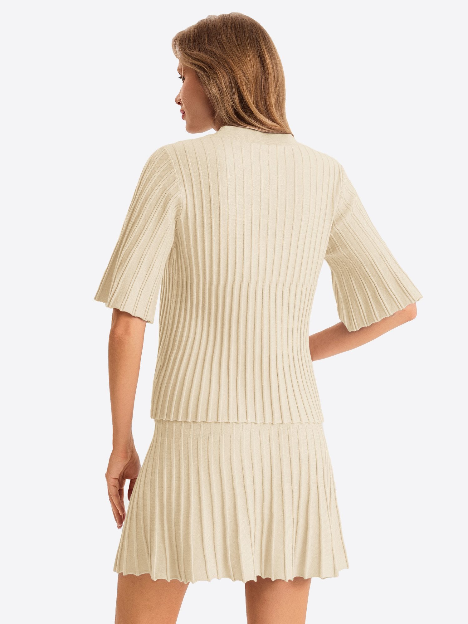 Imily Bela Hausanzug Damen Strick Halbarm Geripptes Top Plissierter Rock Sommer Loungewear (Set, 2 tlg., 2er-Pack, Top+Rock) mit Rundhalsausschnitt und Trompetenärmeln gehäkelt in Unifarbe