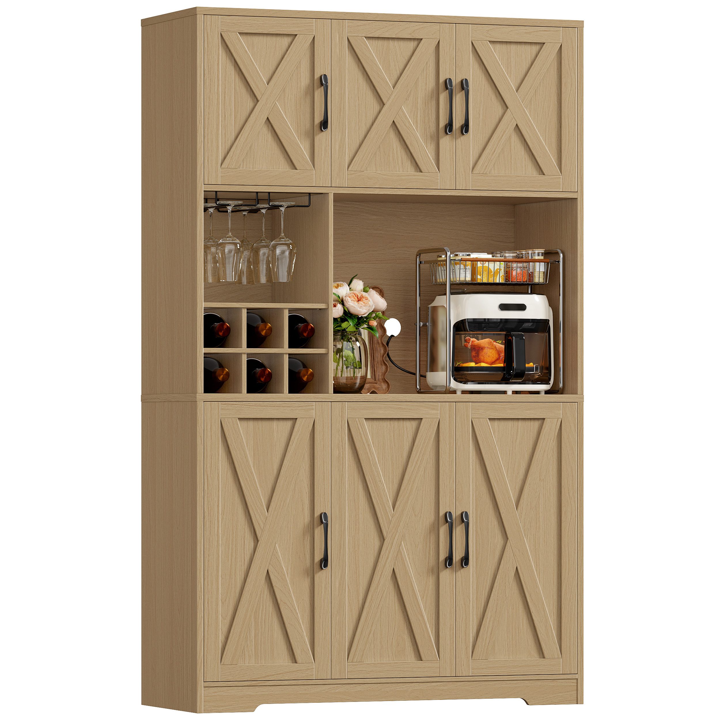 HOMECHO Küchenbuffet Küchenschrank mit Arbeitsplatte Buffetschrank mit 6 Türen Flaschenhalter und Glashalter 180x106x37cm