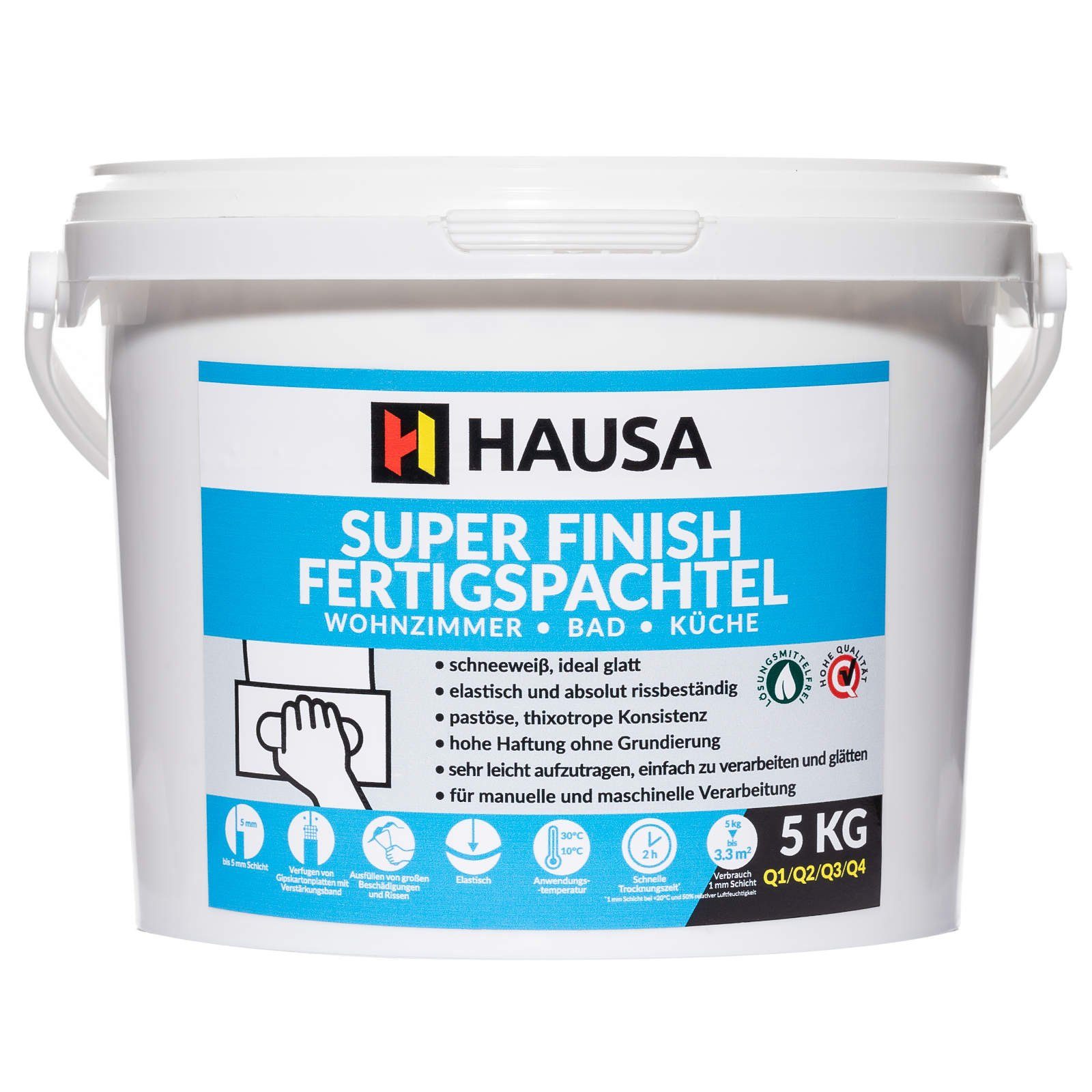 Hausa Fertigspachtel HSFF, gipsgebunden, Eimer, (Super Finish, 5-tlg., Füll Bad Glätt), Innenräume, schnelle Austrocknung, elastisch, rissbeständig, Q1-Q4