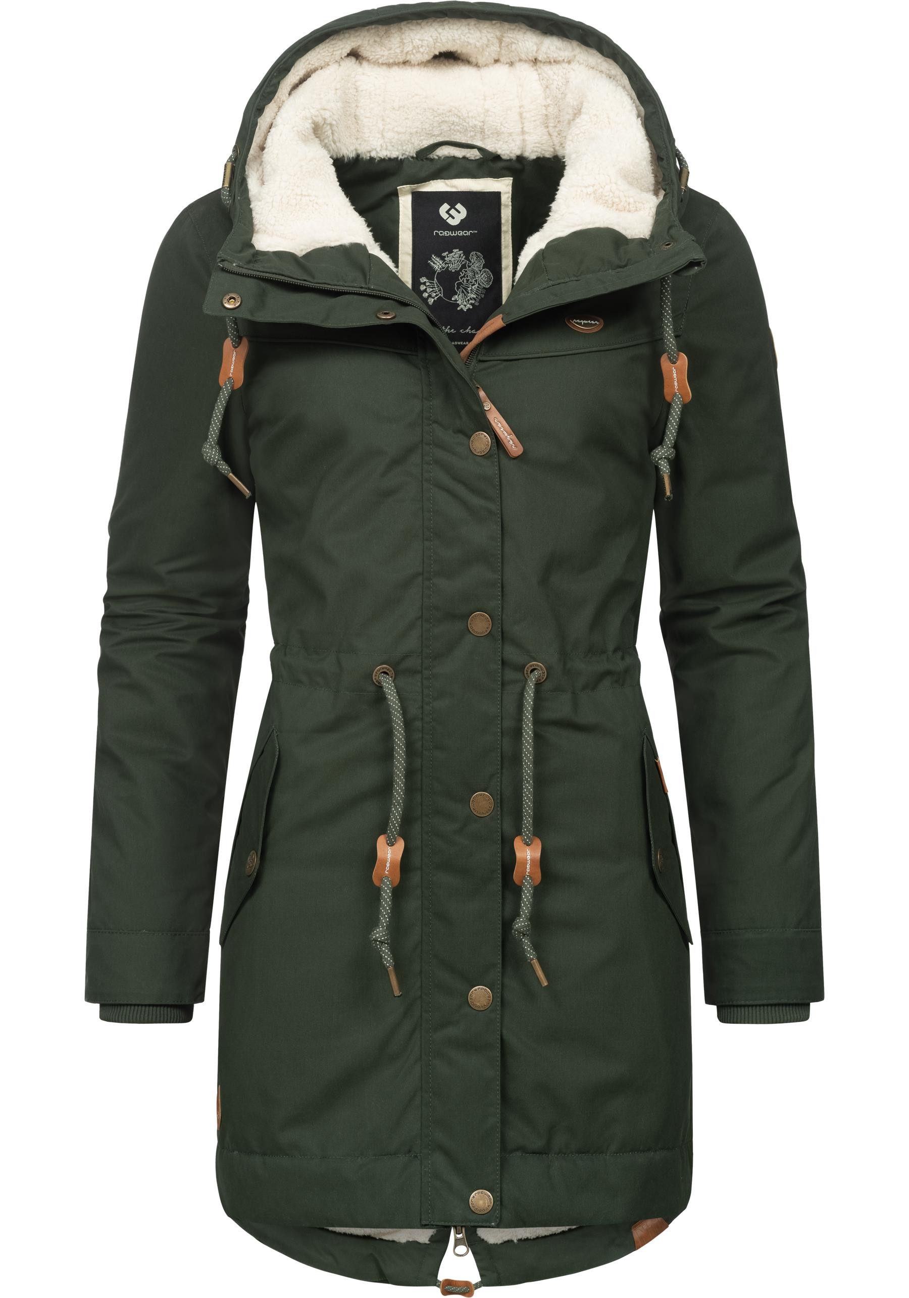 Ragwear Winterjacke YM-Canny stylischer Damen Kurzmantel Parka mit Kapuze flaschengrün