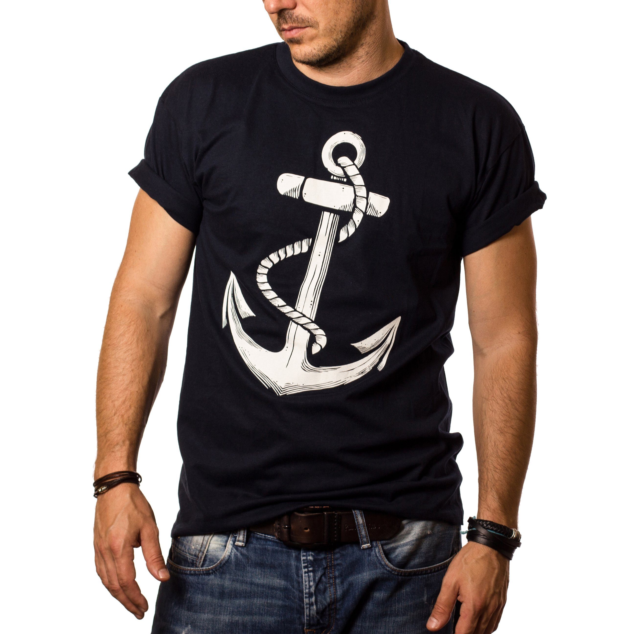 Kleidung Männer MAKAYA Baumwolle T-Shirt aus Herren Print Piraten Blau mit Jungen Hamburg Druck, Segel Anker