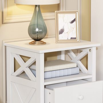 Welikera Nachtkommode Nachttisch mit 2 Schubladen und einem Fach,Holz, Spanplatte,Weiß, Stauraum im Wohnzimmer und Schlafzimmer,mit X-Form