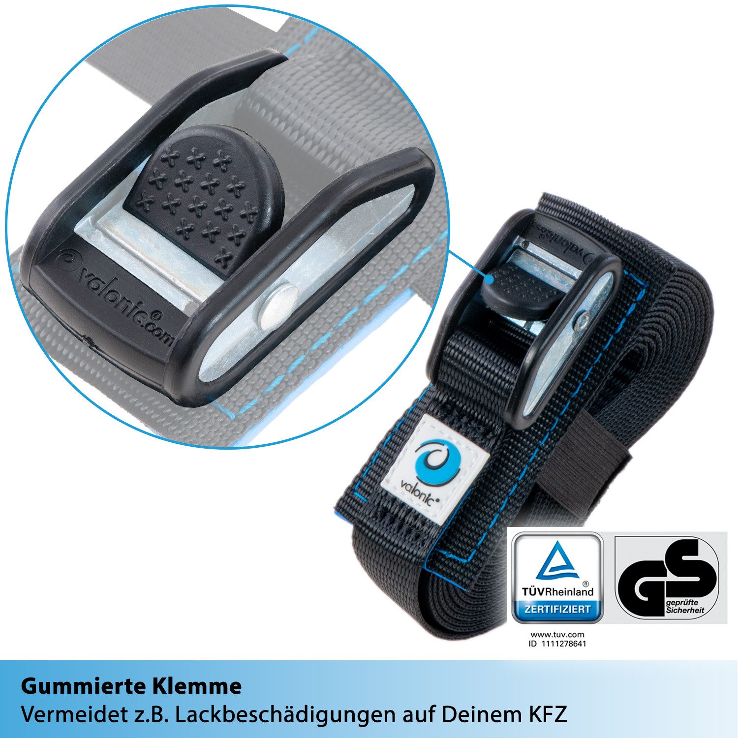 valonic Spanngurt valonic DOLPHIN Spanngurte 2x 1-6m Klemmschloss TÜV-GS 500kg Zurrgurte (2er Set, 2 Stück Klemmschlussgurt) Verzurrgurt für SUP Board oder Kajak